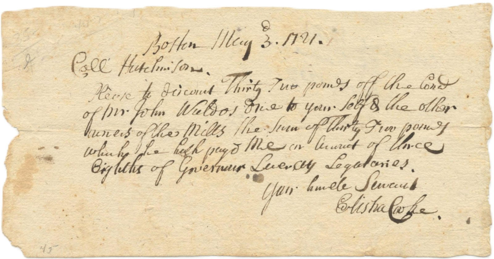 Elisha Cooke Jr. ADS Regarding Discounting Land 1721 (1 of 2)