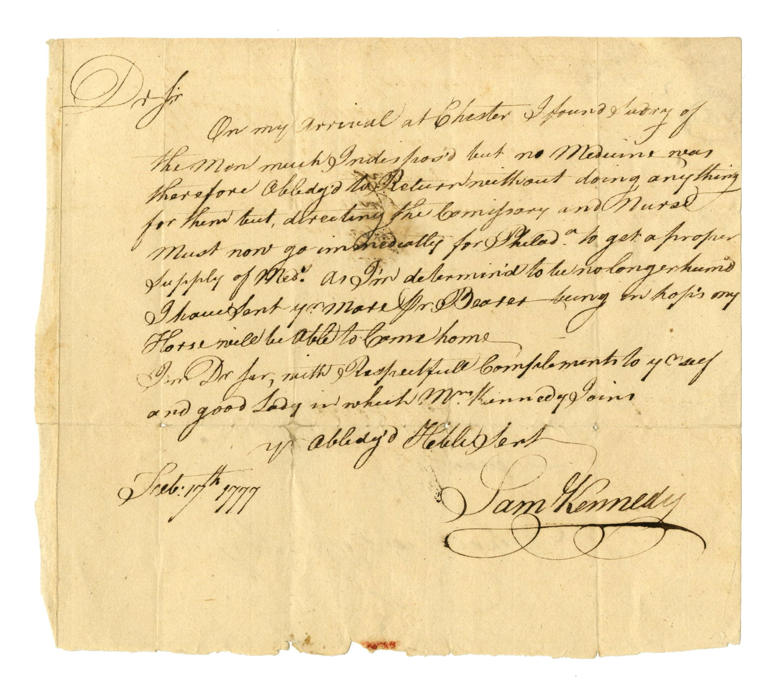 Rev. War Surgeon Samuel Kennedy ALS to Major P. Frazer on Treating Wounded Men (1 of 4)