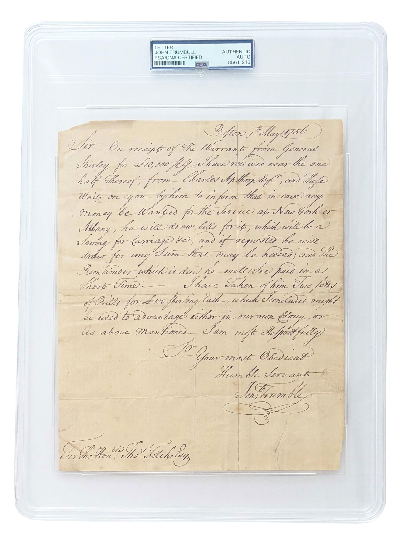 Jonathan Trumbull Writes to Thomas Fitch During a Critical Period in the French and Indian War, PSA (1 of 5)