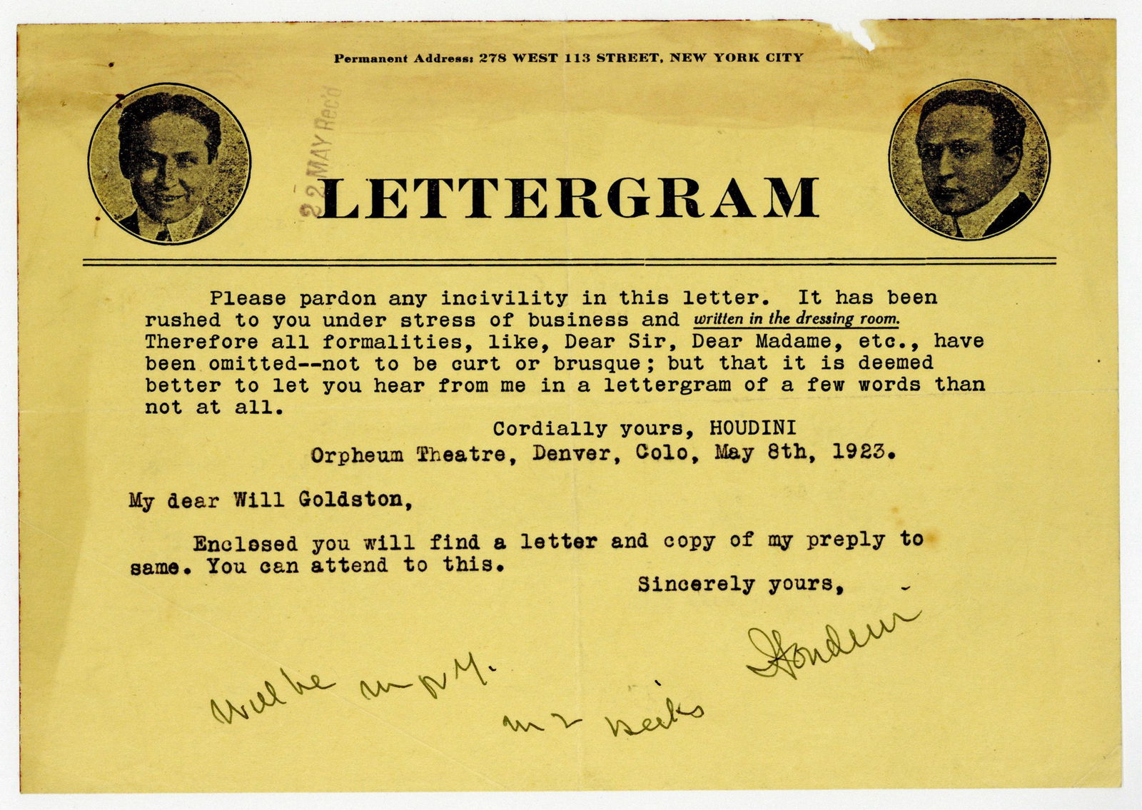 Harry Houdini Signed & Inscribed Lettergram Dating Around The Same Time He Was Gathering Important (1 of 2)