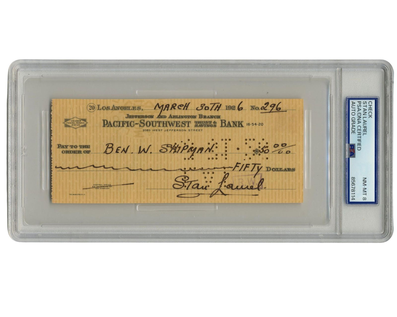 Stan Laurel Signed Check PSA NM-MT 8 (1 of 2)