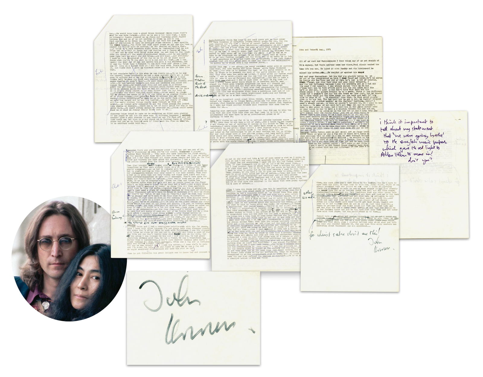 John Lennon 8pp Signed & Annotated TDS re: Paul, Linda, Yoko, Brian Epstein & Allen Klein (1 of 8)
