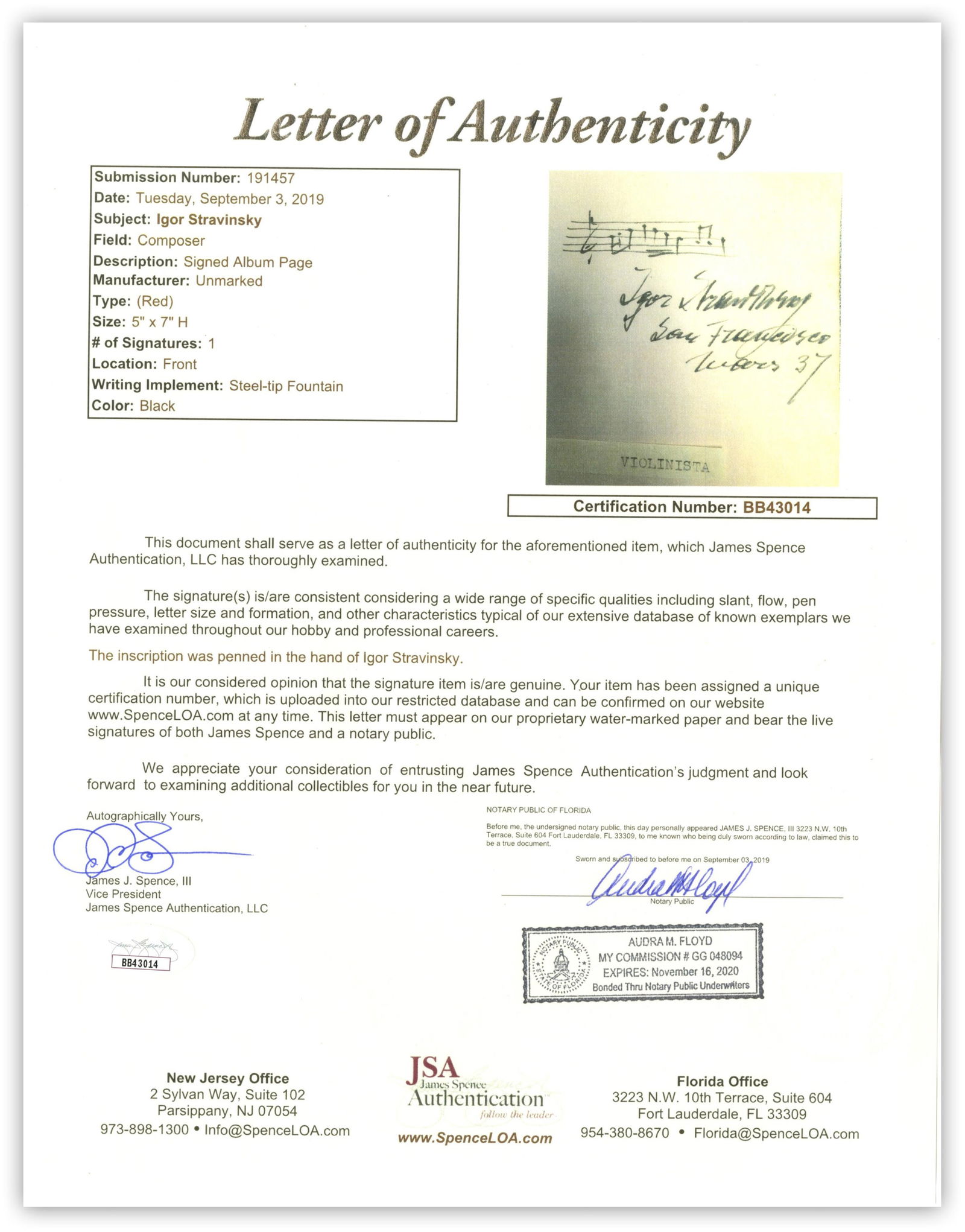 Igor Stravinsky Bold Musical Quotation Signed, JSA Authenticated - 3