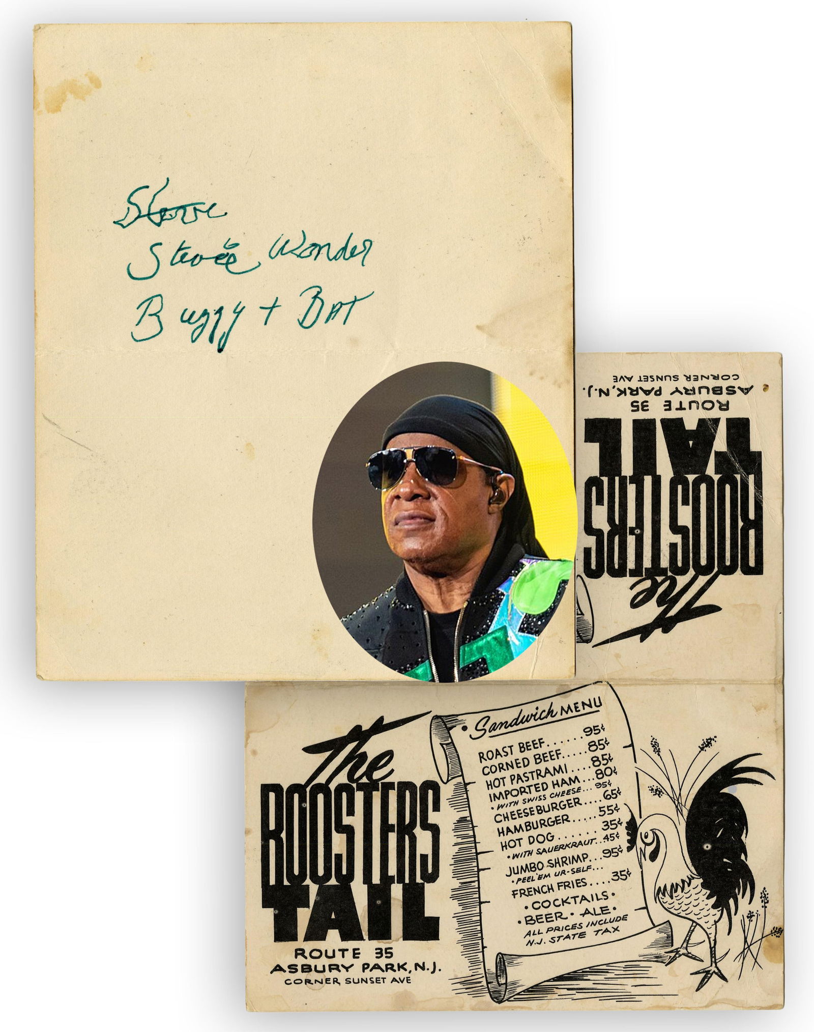 Stevie Wonder Signed Table Card from "The Roosters Tail" Rare!: Stevie Wonder Asbury Park, NJ, ca.1968 Stevie Wonder Signed Table Card from "The Roosters Tail" Rare! Signature Stevie Wonder (B.1950) signed "Steve [crossed out] Stevie Wonder Buzzy + Bat" in green