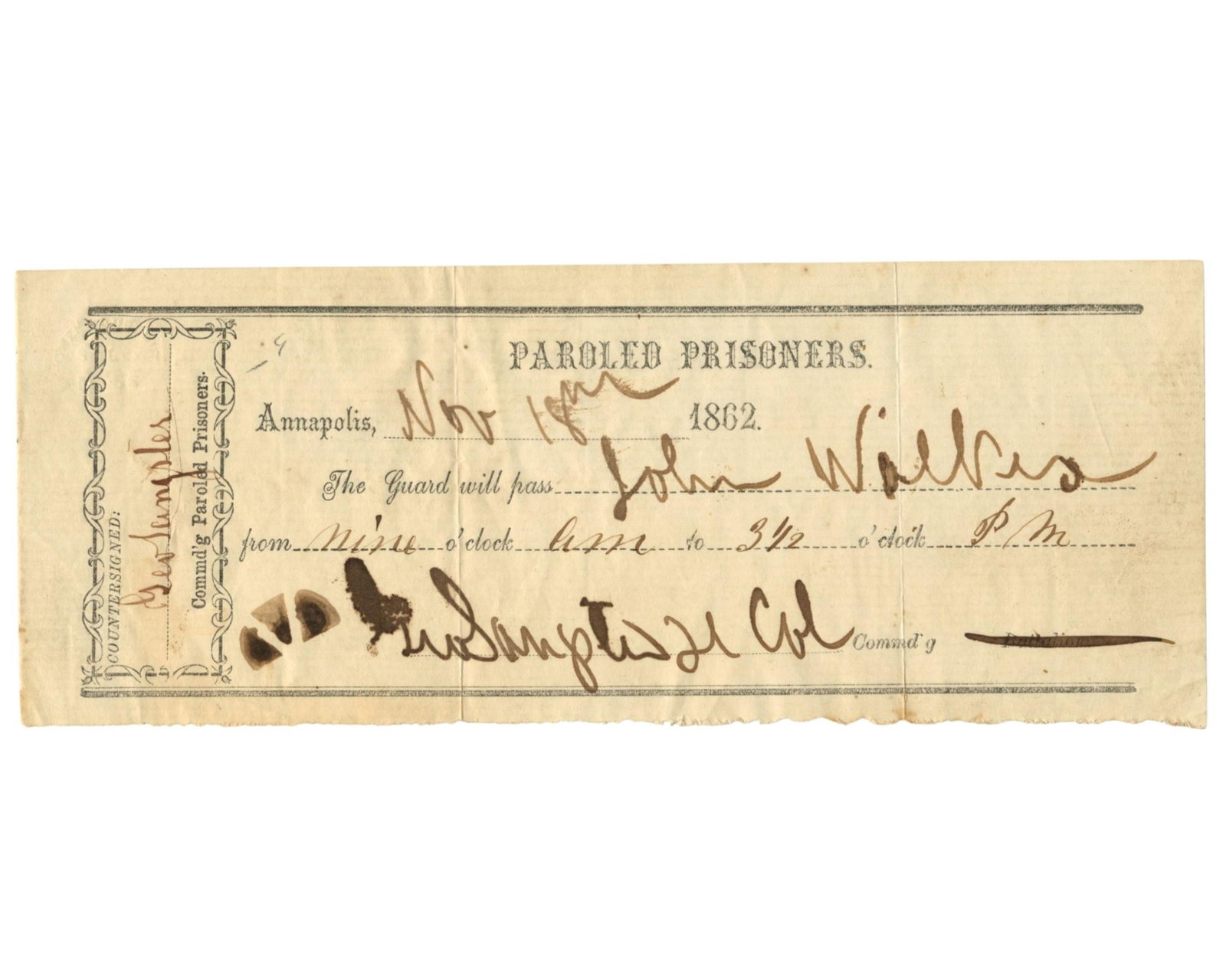 Civil War Paroled Prisoner Pass (1 of 2)