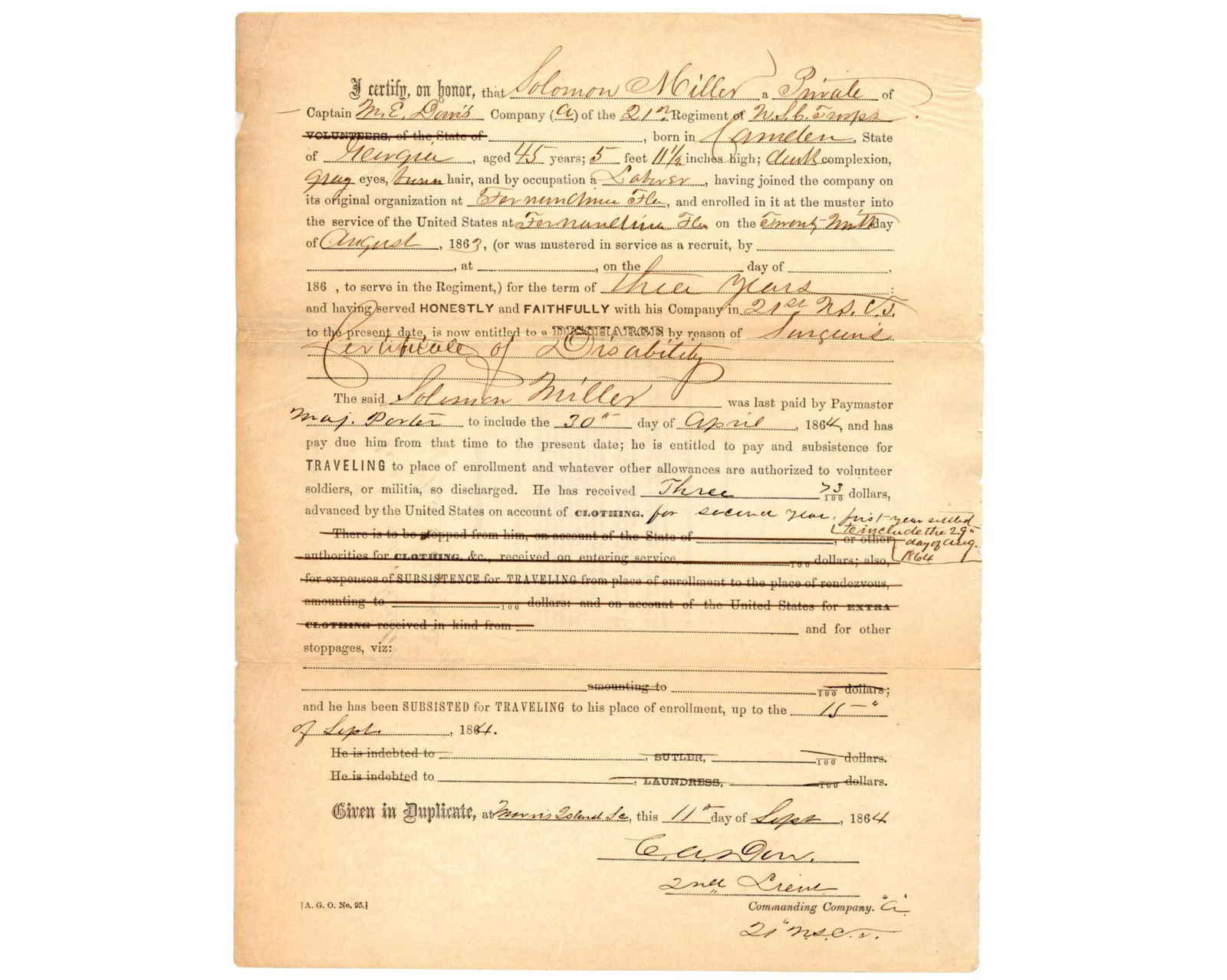 U.S. Colored Troops Civil War Discharge for South Carolina Private (1 of 2)