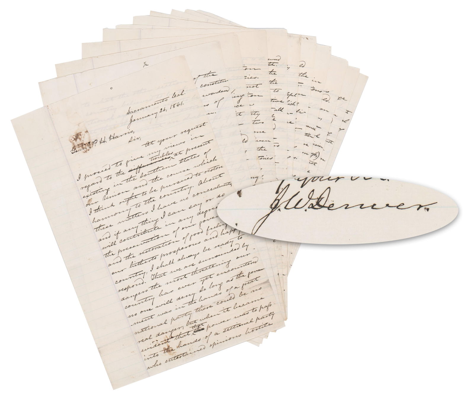 James Denver 9pp ALS Predicting the Civil War, "The Southern people… think that their rights (1 of 8)