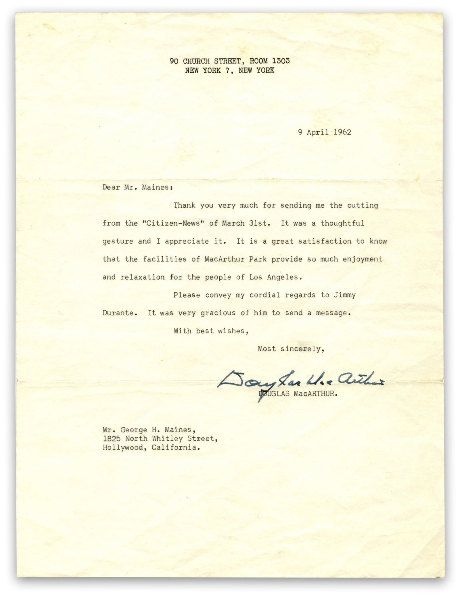 Douglas MacArthur TLS re: MacArthur Park & Jimmy Durante (1 of 2)