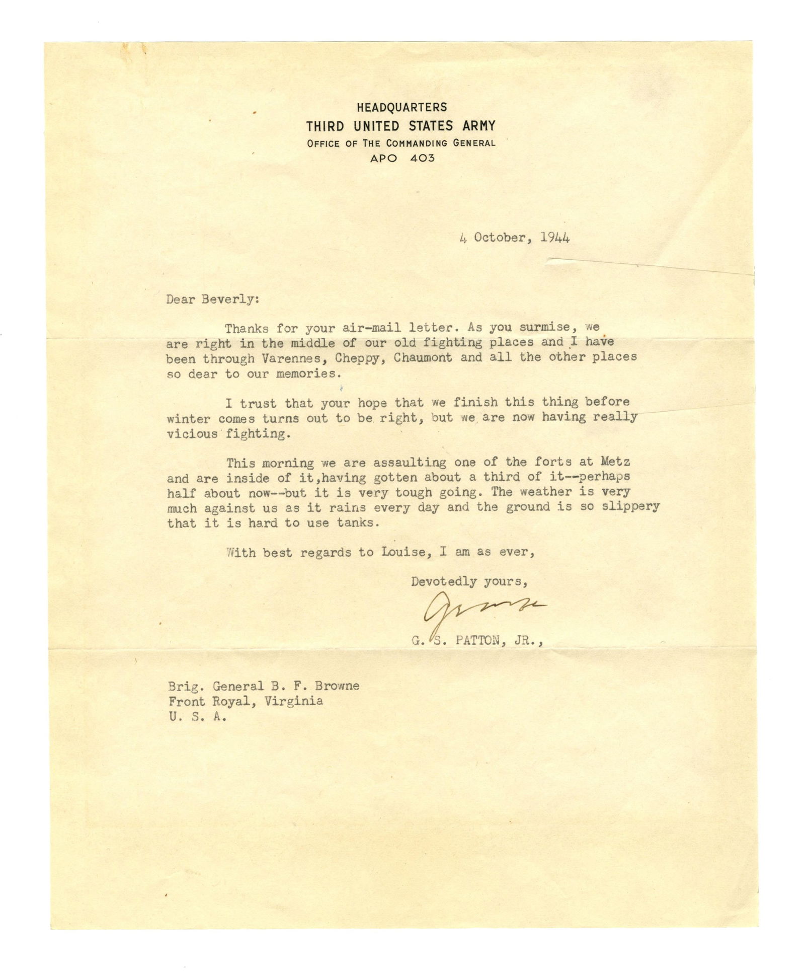 George Patton TLS During Battle of Metz Amid "vicious fighting" & Weather Making It "hard to use (1 of 3)