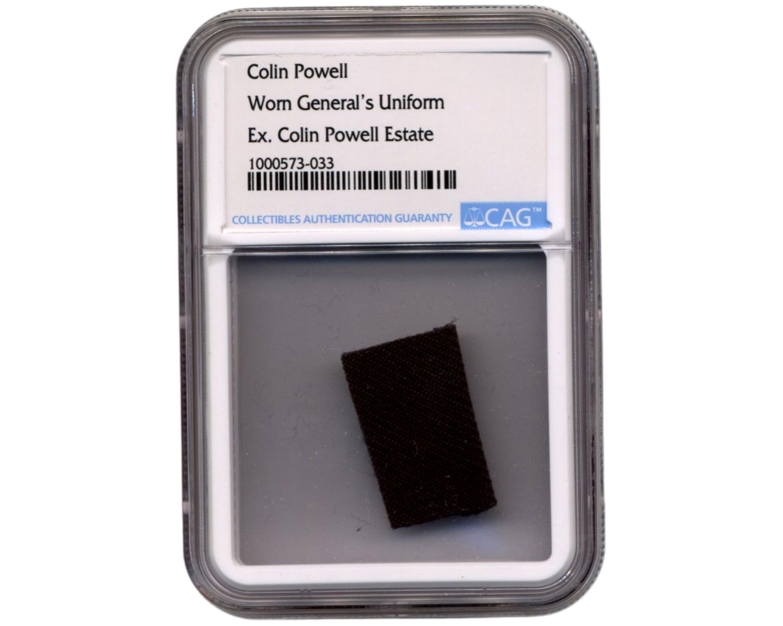 Colin Powell's Worn General Uniform. Ex. Colin Powell Estate: Colin Powelln.p., n.d.Colin Powell's Worn General Uniform. Ex. Colin Powell EstateRelicColin Powell's Worn General Uniform. Ex. Colin Powell Estate. Swatch, 1.125" x 1", from the uniform of one of the