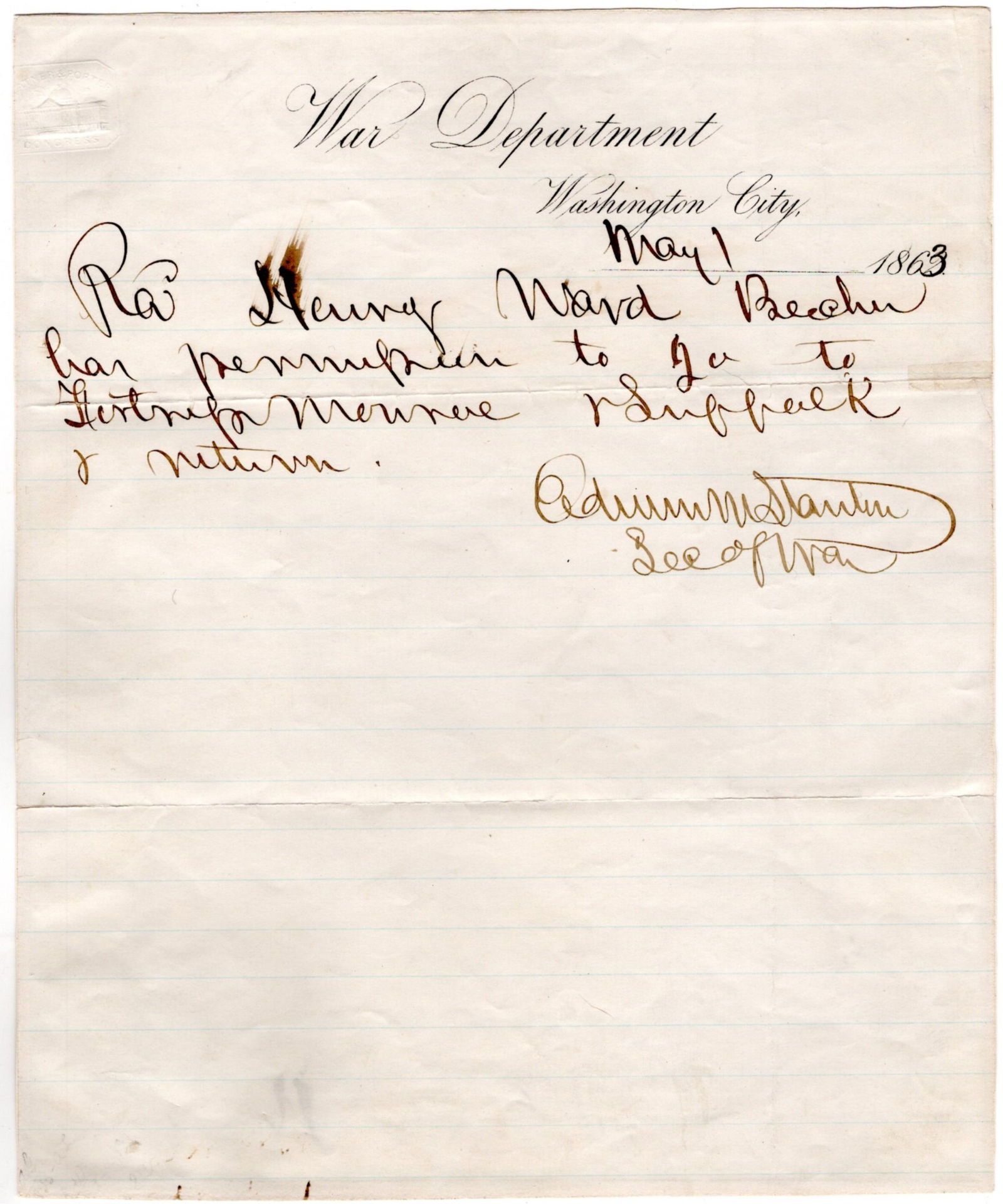 Secretary of War Edwin M. Stanton Gives Wartime Pass to Most Famous Preacher in America (1 of 2)