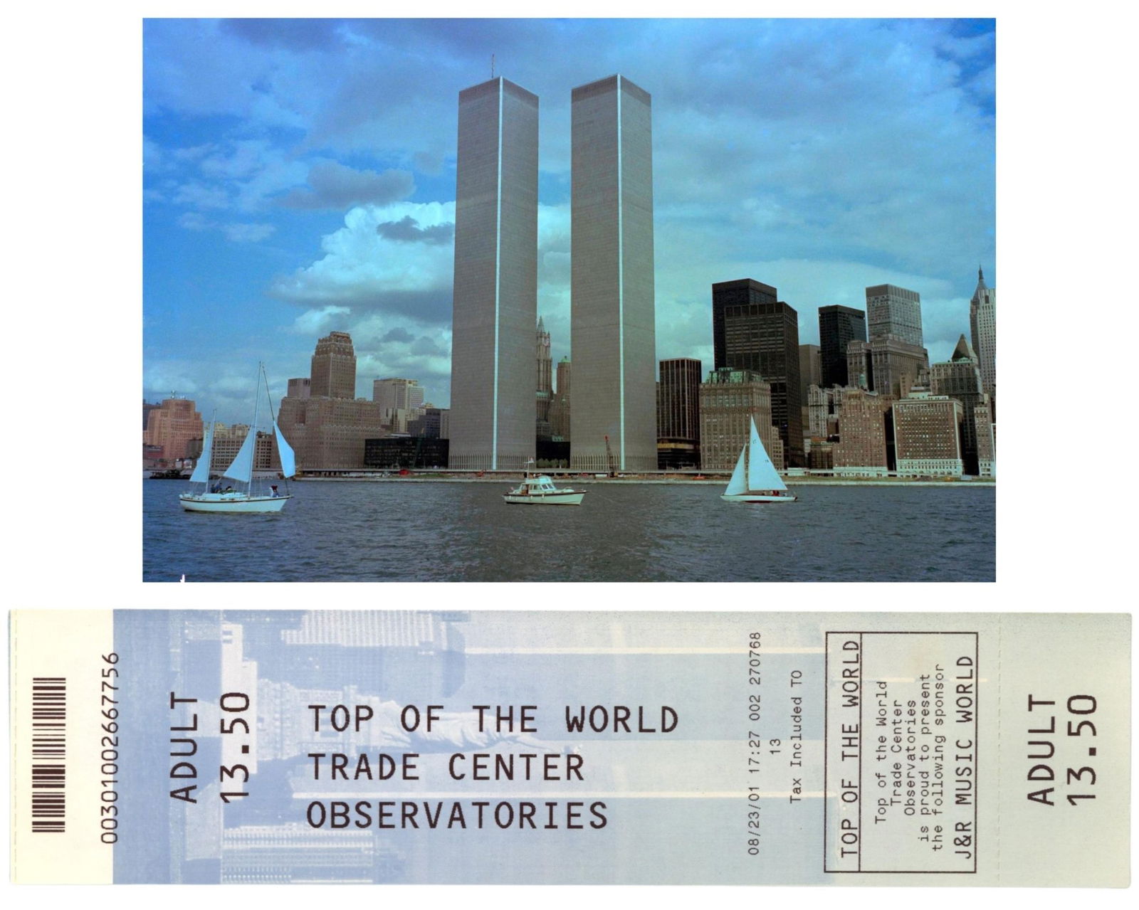 Top of WTC Observatories Ticket 19 Days from 9/11 Attack: World Trade Center 2001New York, NY, August 23, 2001Top of WTC Observatories Ticket 19 Days from 9/11 AttackTicket/InvitationRare unused full admission ticket to the World Trade Center Observatory Dec