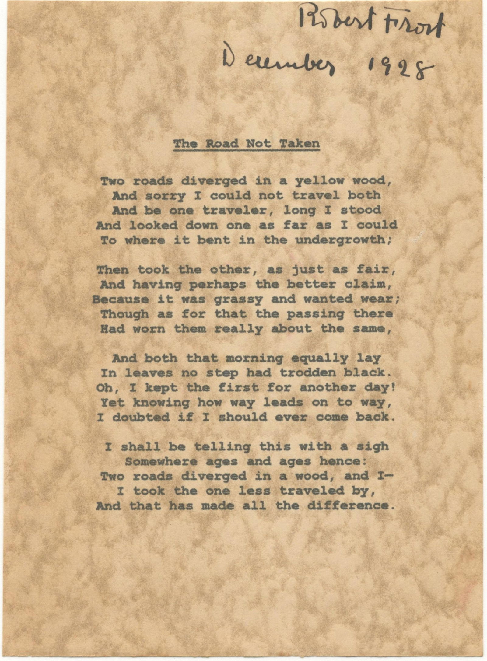 Robert Frost - Signature on Souvenir Printing of "The Road Not Taken" (1 of 2)