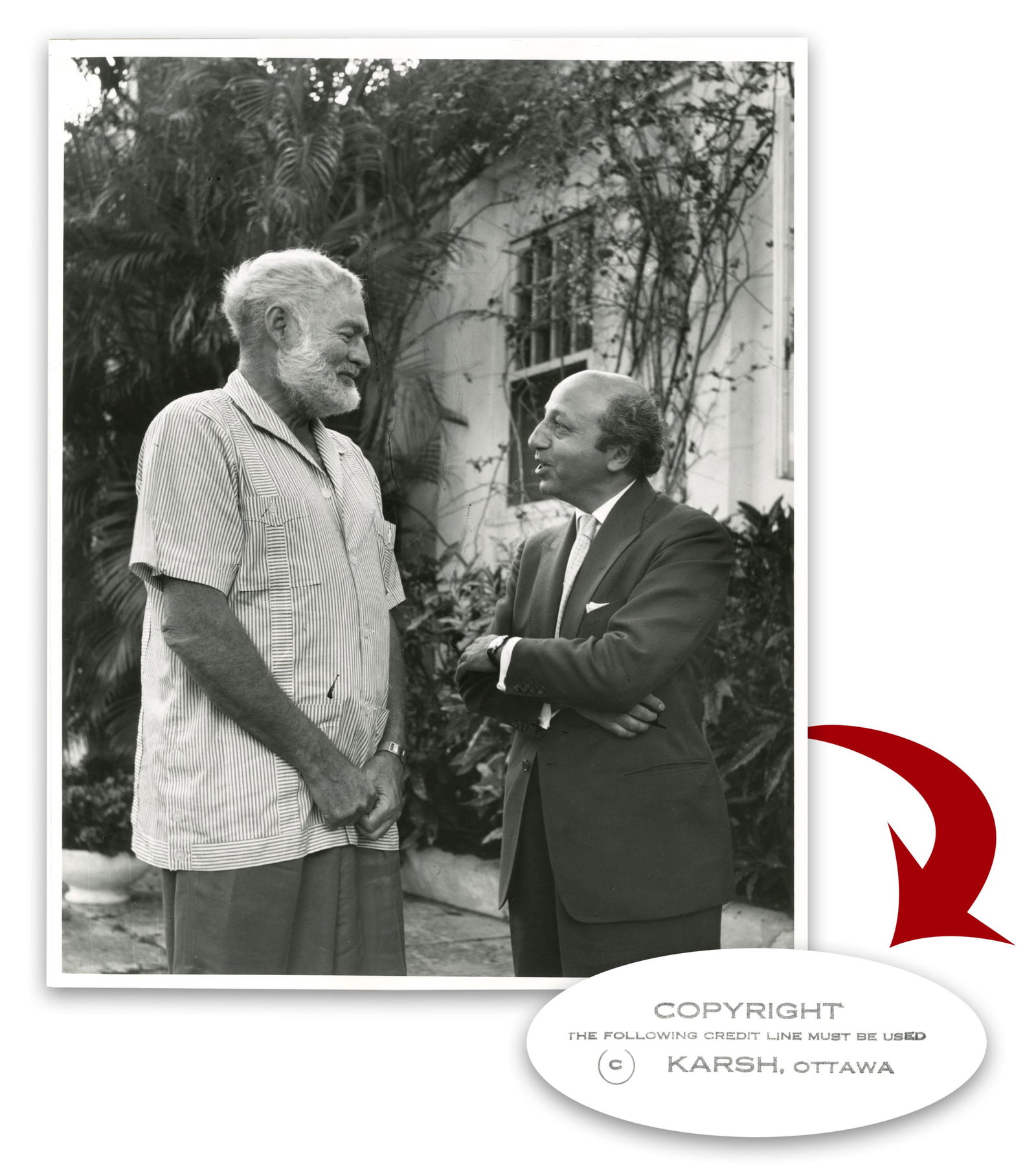 Ernest Hemingway with Yousuf Karsh in Cuba, Ex. Karsh Estate: Ernest Hemingwayn.p., n.d. [ca. 1957]Ernest Hemingway with Yousuf Karsh in Cuba, Ex. Karsh EstatePhotographA semi-gloss black and white photographic print of Ernest Hemingway with Armenian-Canadian ph