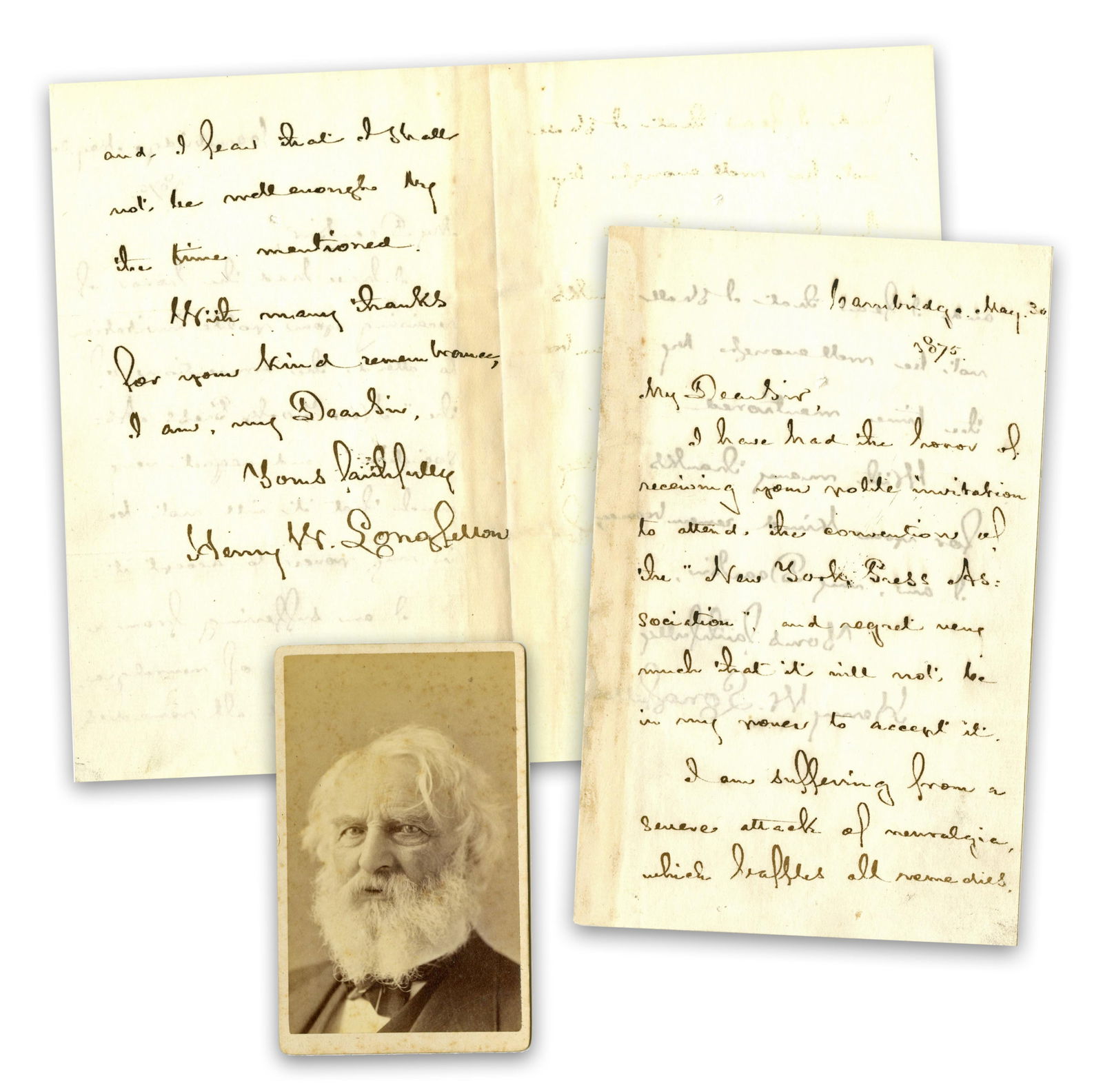 Henry Longfellow ALS on Neuralgia with Carte de Visite by Pach Bros. (1 of 4)