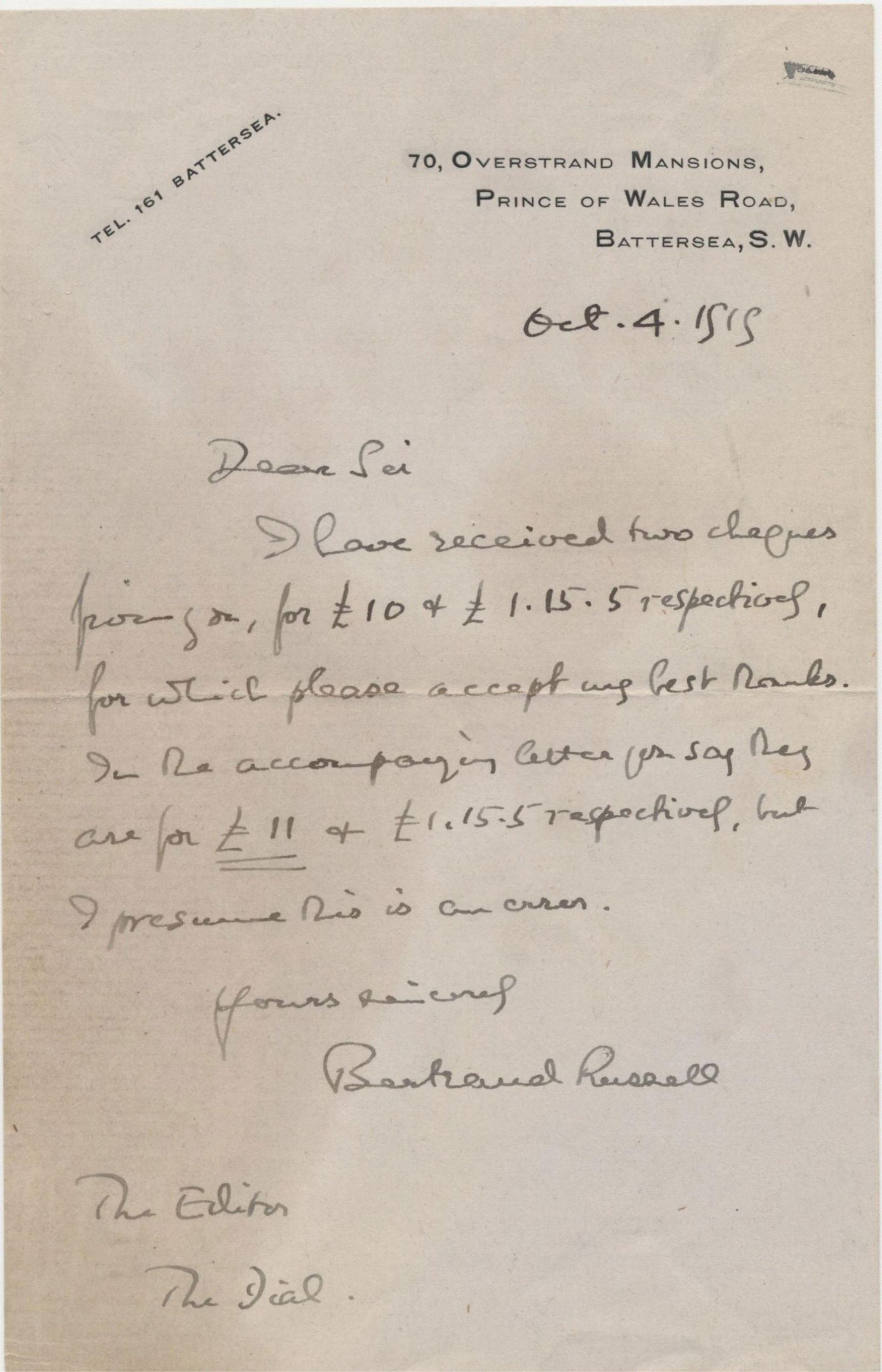 Bertrand Russell ALS Thanking Editor of "The Dial" for Payment (1 of 2)