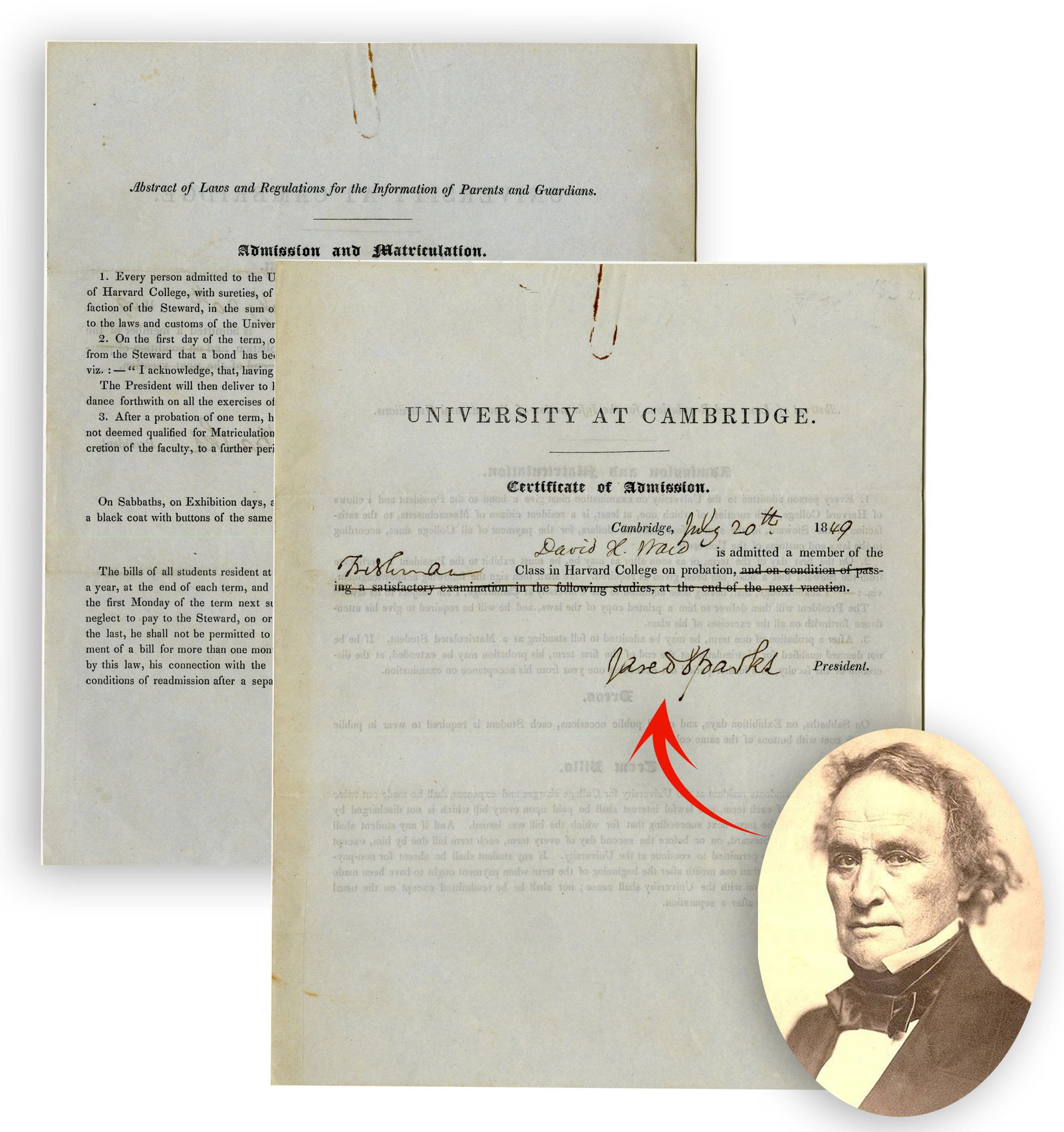 Jared Sparks Signed Harvard Certificate of Admission (1 of 2)