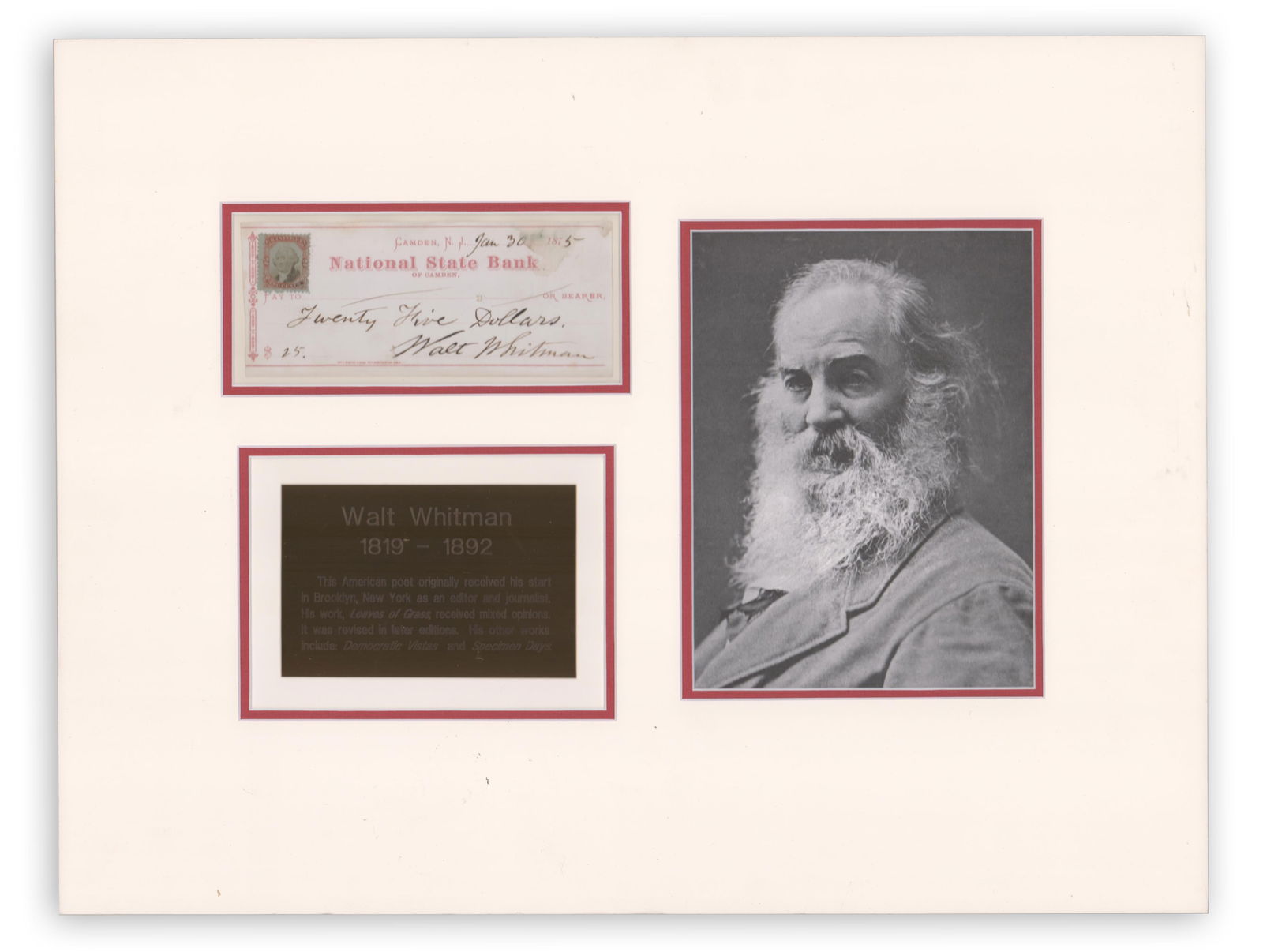 Walt Whitman Signed Check While Residing at his Brother's NJ Home Recovering from a Stroke (1 of 3)