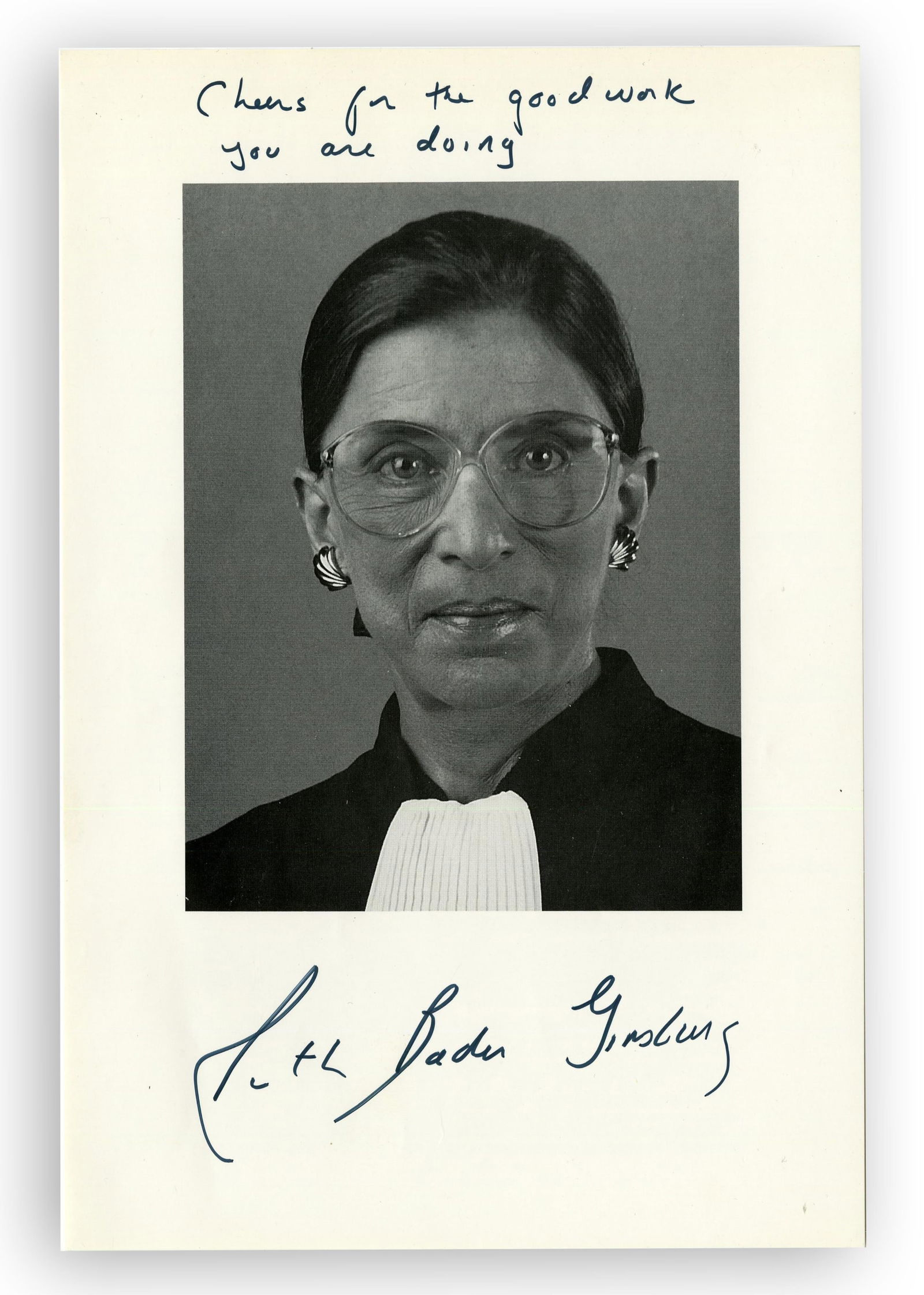 Ruth Bader Ginsburg Signed Photograph as Associate Justice of the Supreme Court: Ruth Bader Ginsbergn.p., ca. mid/late 20th C.Ruth Bader Ginsburg Signed Photograph as Associate Justice of the Supreme CourtSigned photographRuth Bader Ginsburg (1933-2020). Black and white mid-gloss