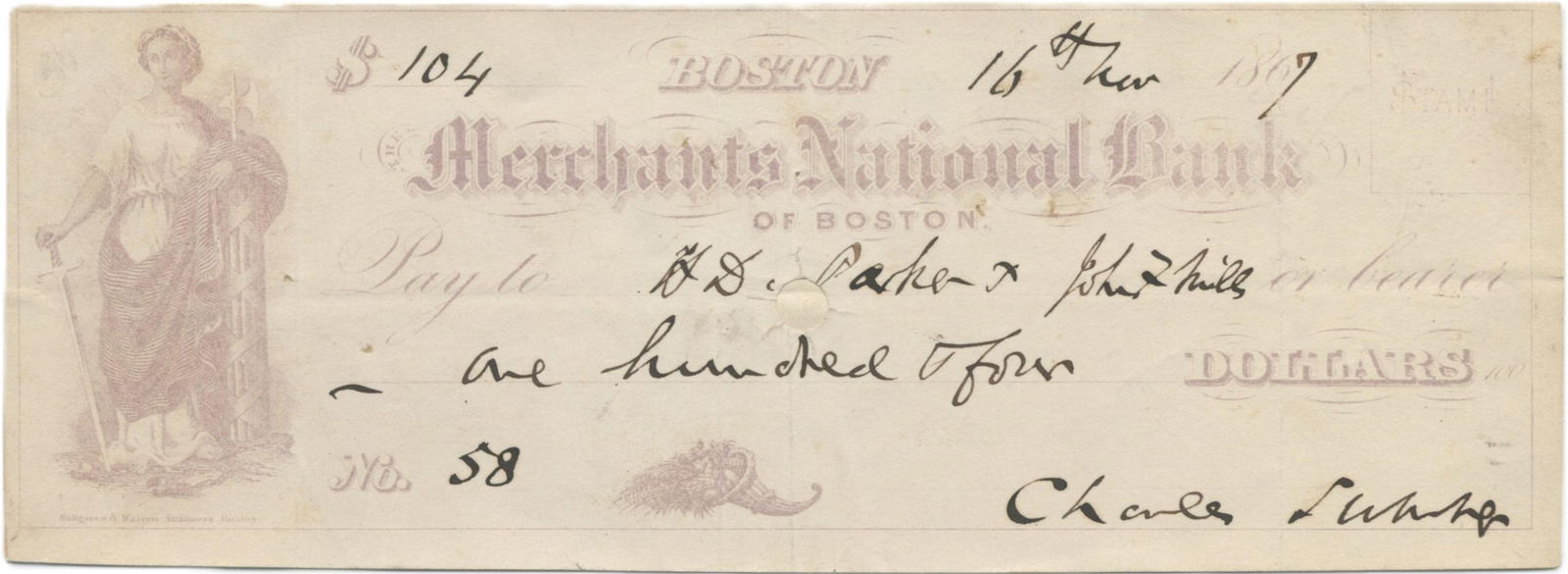 Charles Sumner Signed Check - 2