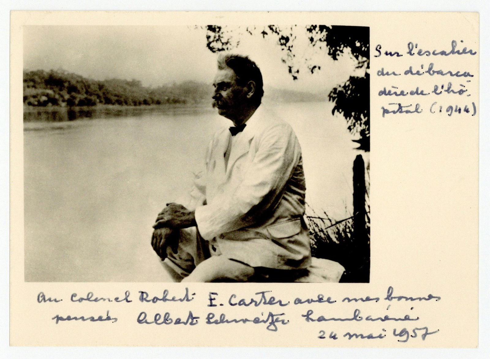 Albert Schweitzer Signed Photo Dedicated From Hôpital Albert Schweitzer: Albert Schweitzer Lambaréné, Gabon (formerly French Equatorial Africa), May 24, 1957 Albert Schweitzer Signed Photo Dedicated From Hôpital Albert Schweitzer SP A vintage photograph