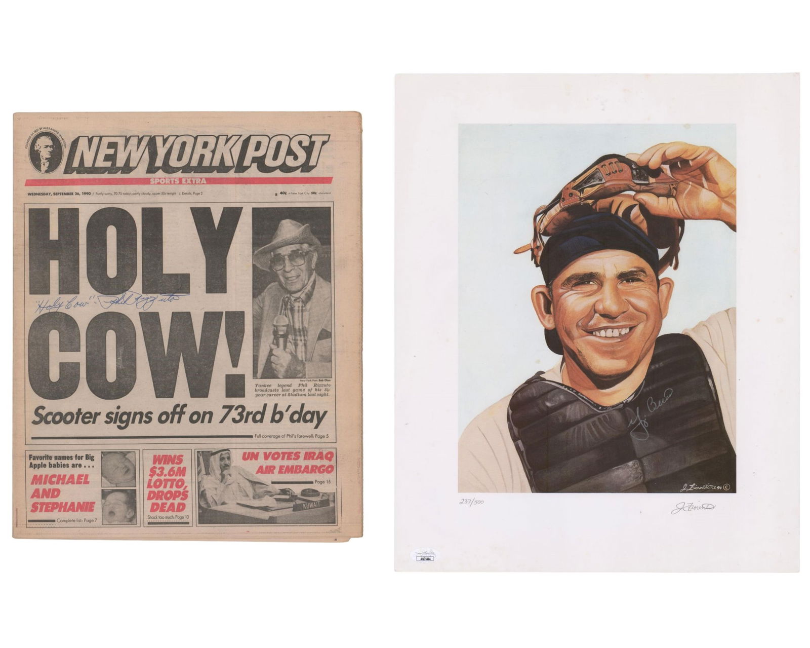 Yogi Berra & Phil Rizzuto Unique Signed Collection! "Holy Cow!" JSA Authentication: Yogi Berra New York, NY, n.d. Yogi Berra & Phil Rizzuto Unique Signed Collection! "Holy Cow!" JSA Authentication Archive Special two-piece collection celebrating legendary Yankees Yogi Berra & Phil