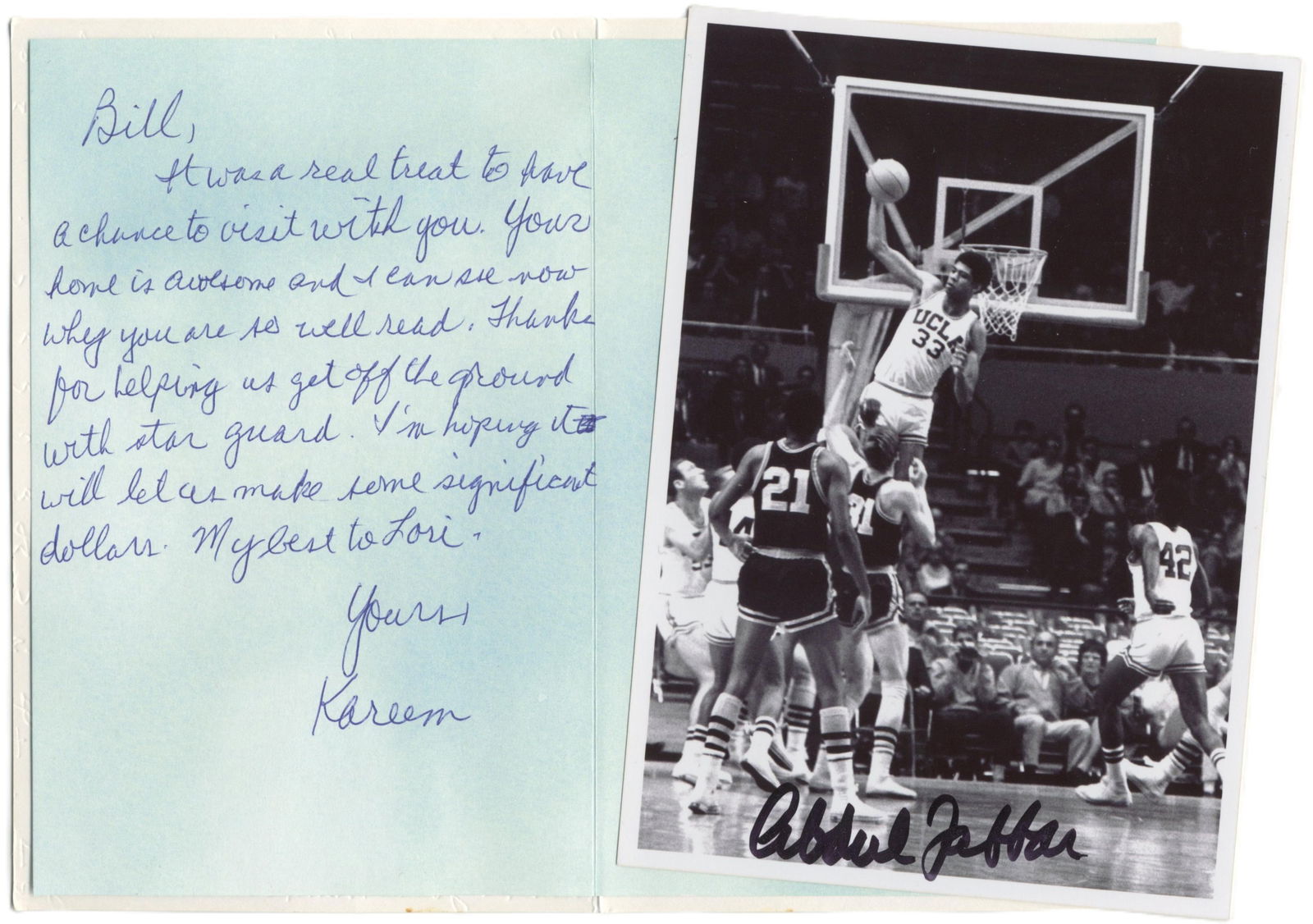 Kareem Abdul-Jabbar to Bill Walton - Handwritten Signed Greeting Card & Photo from One NBA Legend to (1 of 3)