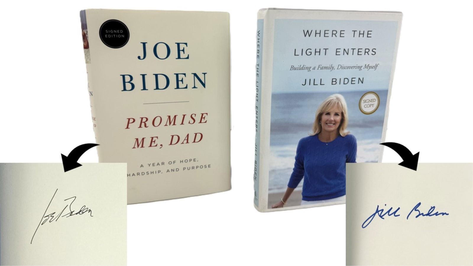 Joe and Jill Biden Each Signed First Ed. Memoirs: Joe & Jill Bidenn.p., n.d.Joe and Jill Biden Each Signed First Ed. MemoirsSigned bookJoseph Biden (b. 1942) and Jill Biden (b. 1951). Pair of first edition copies of their memoirs each written and sig