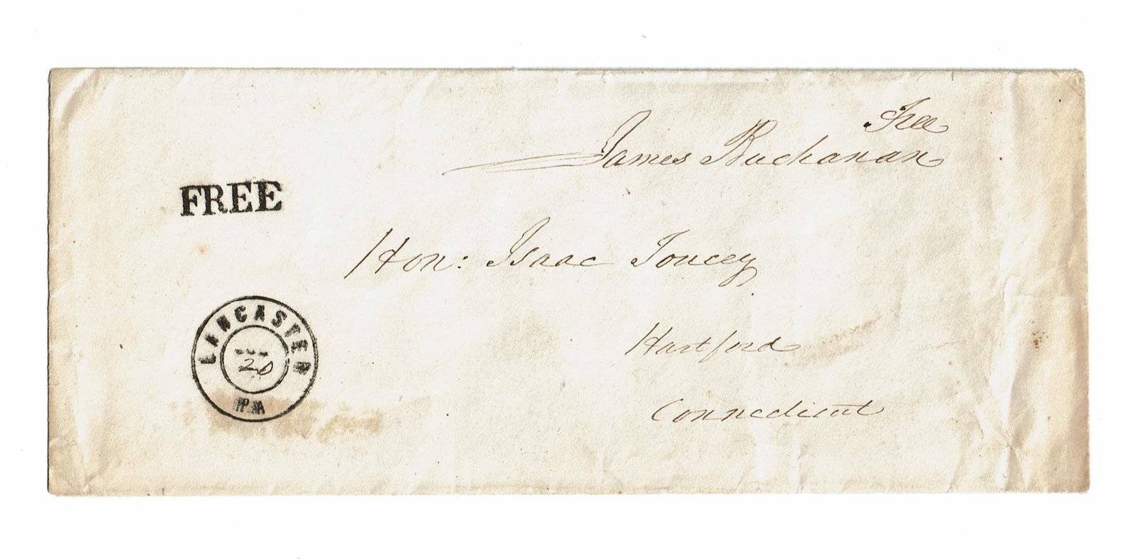 James Buchanan Signed FF Envelope to Isaac Toucey: James Buchanan Lancaster, PA, n.d. James Buchanan Signed FF Envelope to Isaac Toucey Free Frank James Buchanan (1791-1868). Free Frank Signature, "Free / James Buchanan," on a 8.75" x 3.5" envelope ad