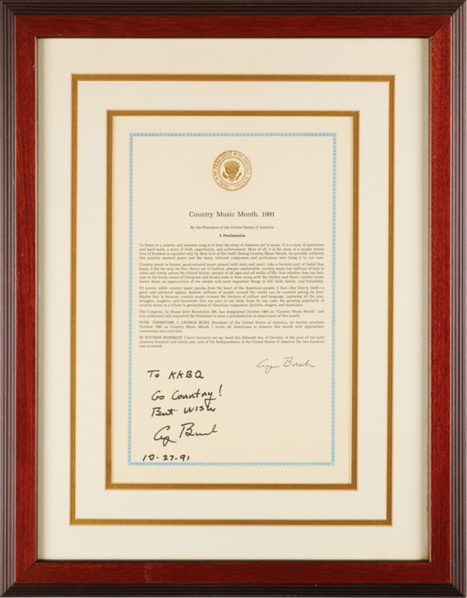 G.H.W. Bush Country Music Month Pres. Proclamation "Go Country!" Fantastic!: George H.W. BushWashington DC, October 27, 1991G.H.W. Bush Country Music Month Pres. Proclamation "Go Country!" Fantastic!DocumentProclamation for "Country Music Month, 1991," one page, 9 x 13.5, sign