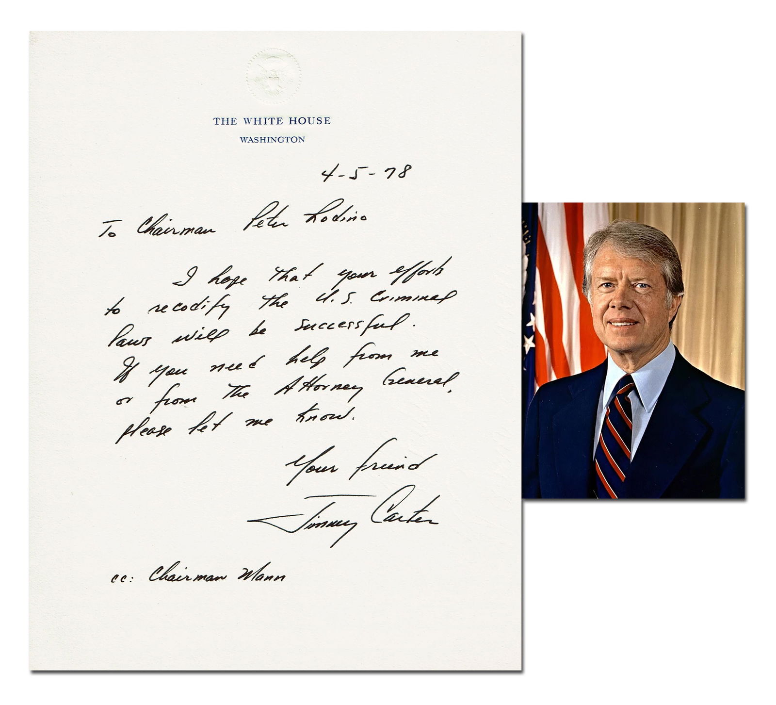 Jimmy Carter Fine ALS as Pres. to Chairman Peter Rodino: Jimmy CarterWashington, DC, April 5, 1978Jimmy Carter Fine ALS as Pres. to Chairman Peter RodinoALSJames Earl Carter Jr. (1924-2024). Autograph Letter Signed, "Jimmy Carter," as president, 1p, on Whit