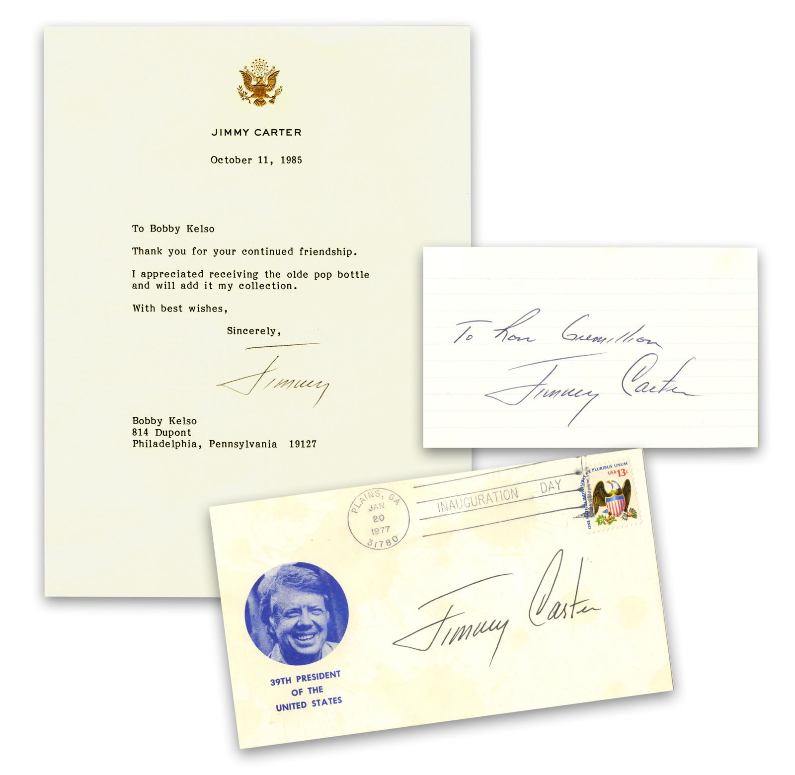Jimmy Carter Lot of 3 Signed Items: Jimmy Cartervarious, variousJimmy Carter Lot of 3 Signed ItemsArchiveA collection of three items individually signed by 39th President Jimmy Carter, consisting of a typed letter, inaugural first day c
