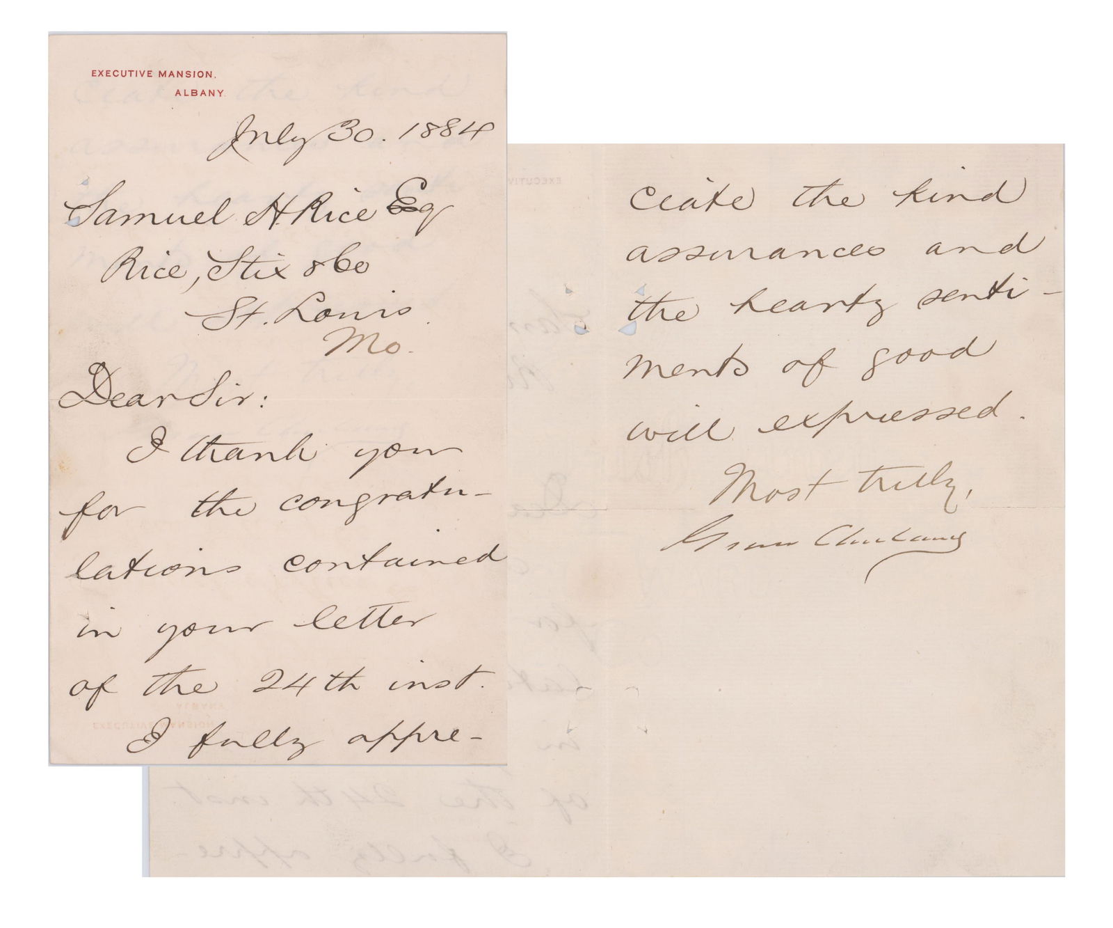 Grover Cleveland Thanks a Well Wisher, Newly Nominated As Presidential Democratic Candidate: Grover ClevelandAlbany, NY, July 30, 1884Grover Cleveland Thanks a Well Wisher, Newly Nominated As Presidential Democratic CandidateLSGrover Cleveland writes to Samuel H. Rice of St. Louis, Missouri,