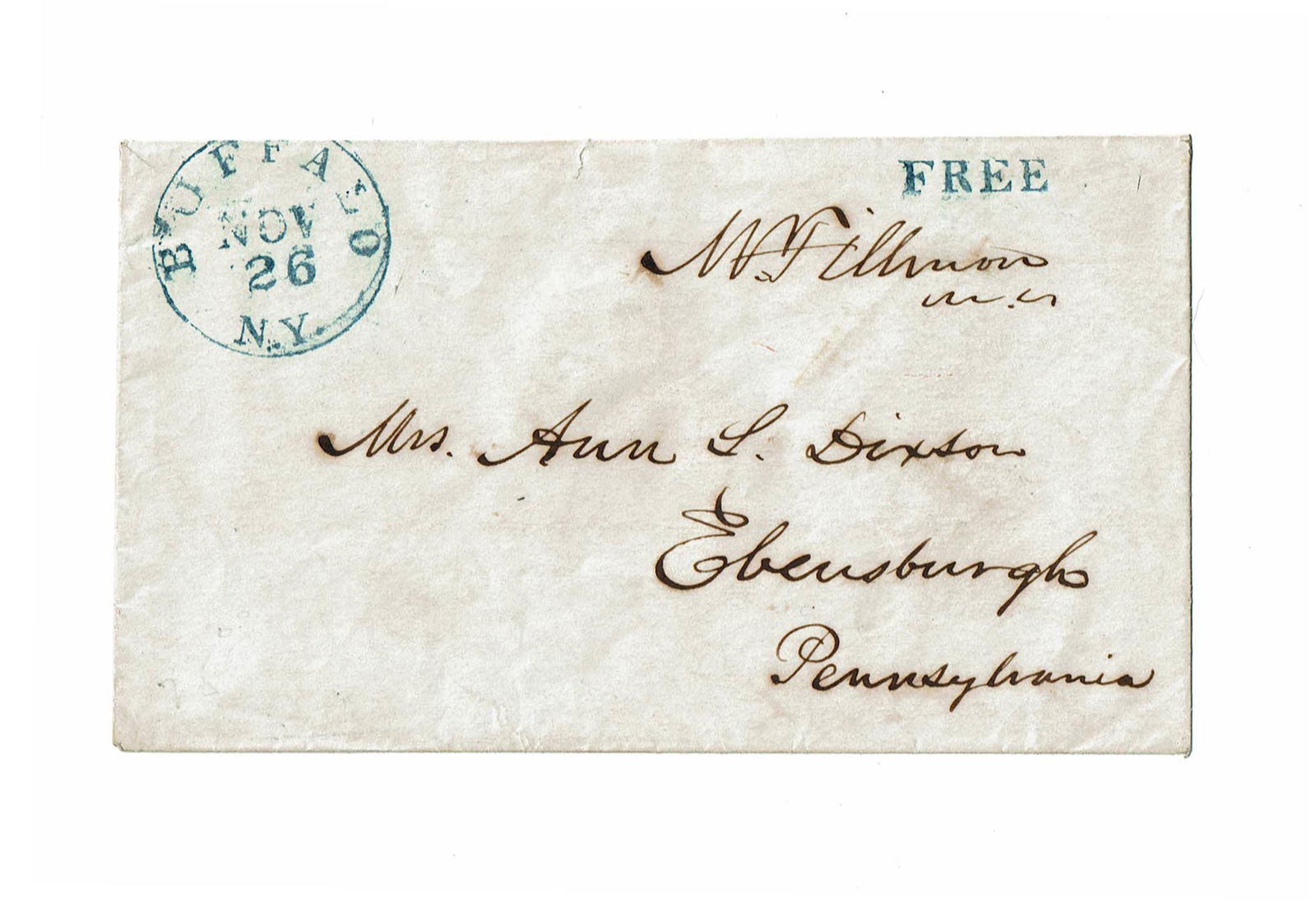 Millard Fillmore Lovely Free Frank: Millard FillmoreBuffalo, NY, November 26, [n.y.]Millard Fillmore Lovely Free FrankFree Frank13th U.S. President Millard Fillmore (1800-1874). Free Frank Signature, "M. Fillmore m.c.," on a 5.375" x 3"