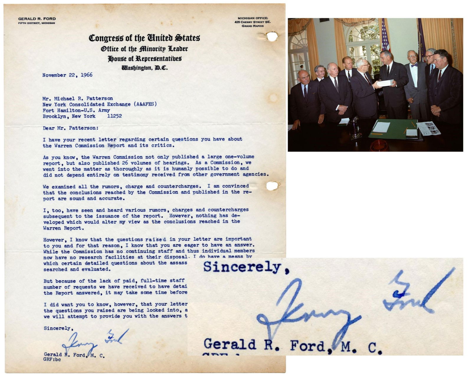 G. Ford on "sound and accurate" Warren Commission After Examining "rumors, charges &: Gerald FordWashington, DC, November 22, 1966G. Ford on "sound and accurate" Warren Commission After Examining "rumors, charges & countercharges," JSA AuthenticationTLSTyped Letter Signed (“Jerry
