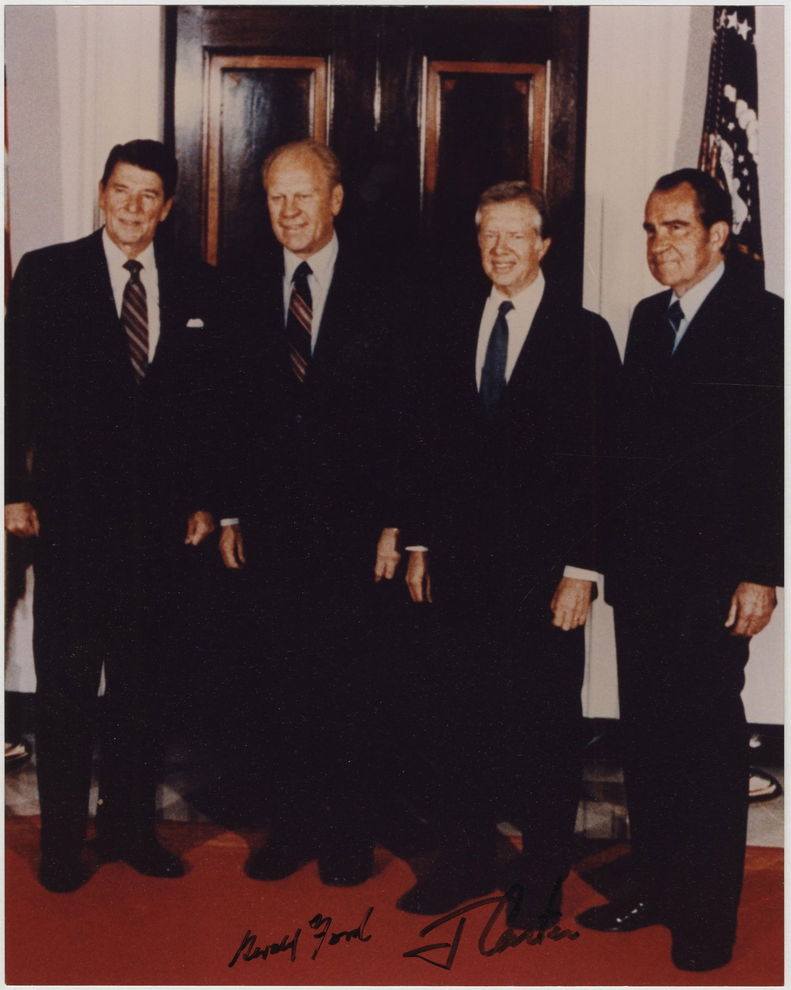 Ford & Carter Signed Photo - 4 Presidents Image: Gerald Ford & Jimmy Cartern.p., n.d.Ford & Carter Signed Photo - 4 Presidents ImageSigned photographGerald Ford (1913-2006) and Jimmy Carter (1924-2024). Color photograph of Presidents Raegan, Ford, C