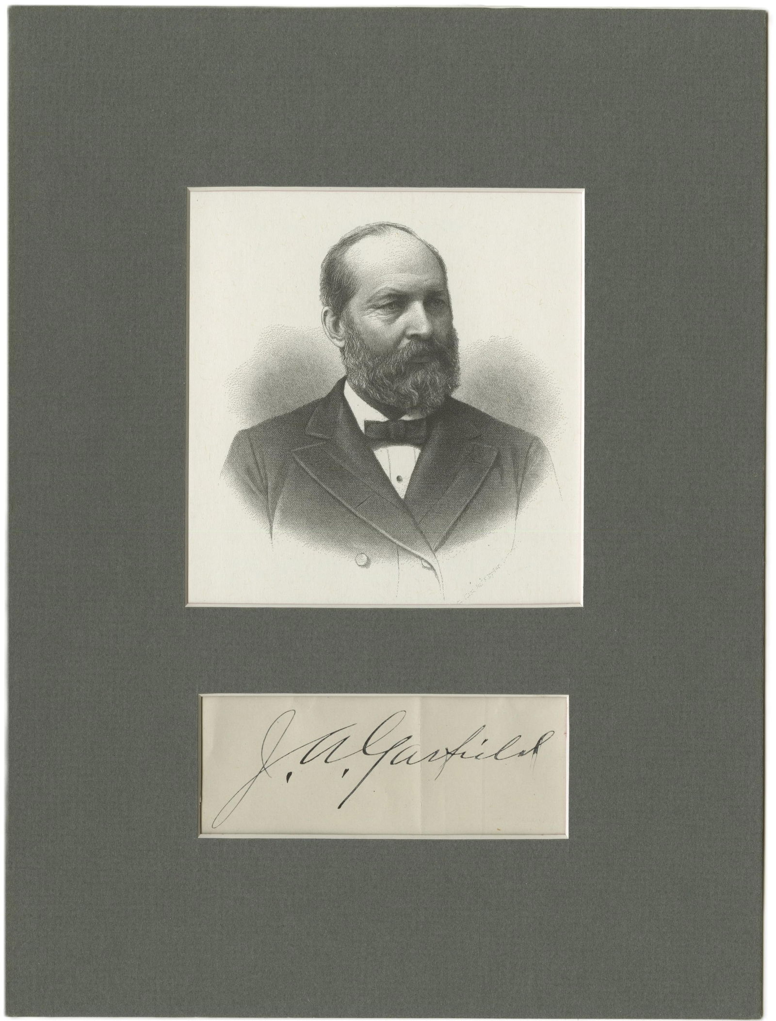 James A. Garfield Signature Clip in Presentation Matted with Portrait: James Garfieldn.p., n.d.James A. Garfield Signature Clip in Presentation Matted with PortraitSignatureJames Garfield (1831-1881). Clipped signature from a letter by the 20th President of the United St