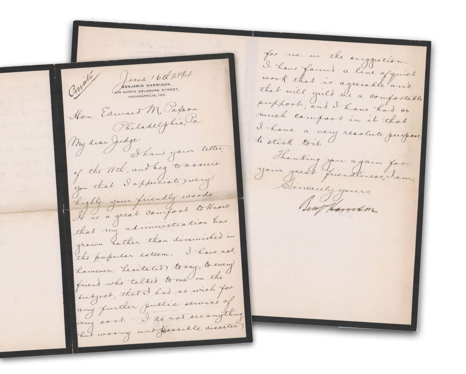 Former President Harrison Writes He Has No Wish to Return to Public Service: Benjamin HarrisonIndianapolis, IN, June 16, 1894Former President Harrison Writes He Has No Wish to Return to Public ServiceLSA two-page letter on his personal imprinted letterhead with mourning border
