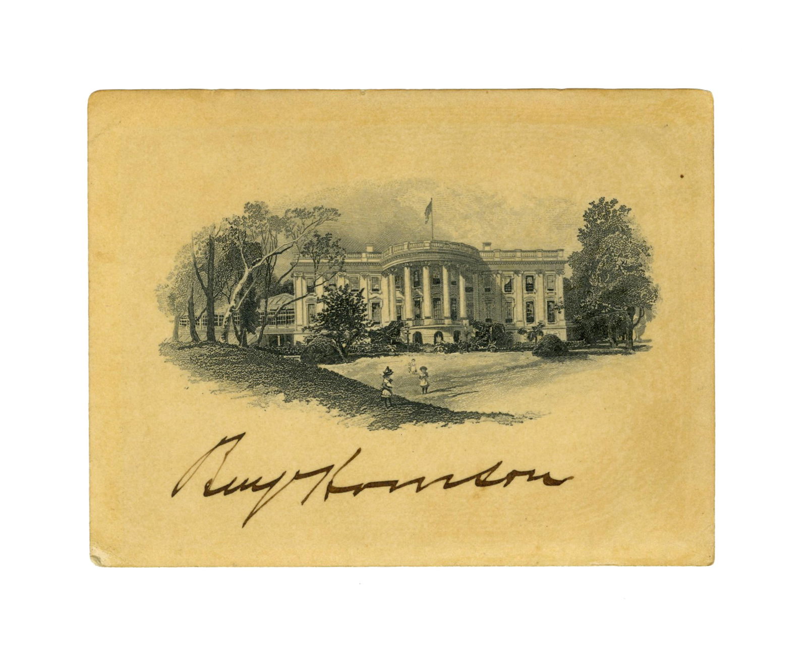 Benjamin Harrison Signed Executive Mansion Engraving: Benjamin Harrison[Washington, DC], ca. 1890sBenjamin Harrison Signed Executive Mansion EngravingSigned cardAn attractive Executive Mansion card signed by the President as "Benj. Harrison" along lower
