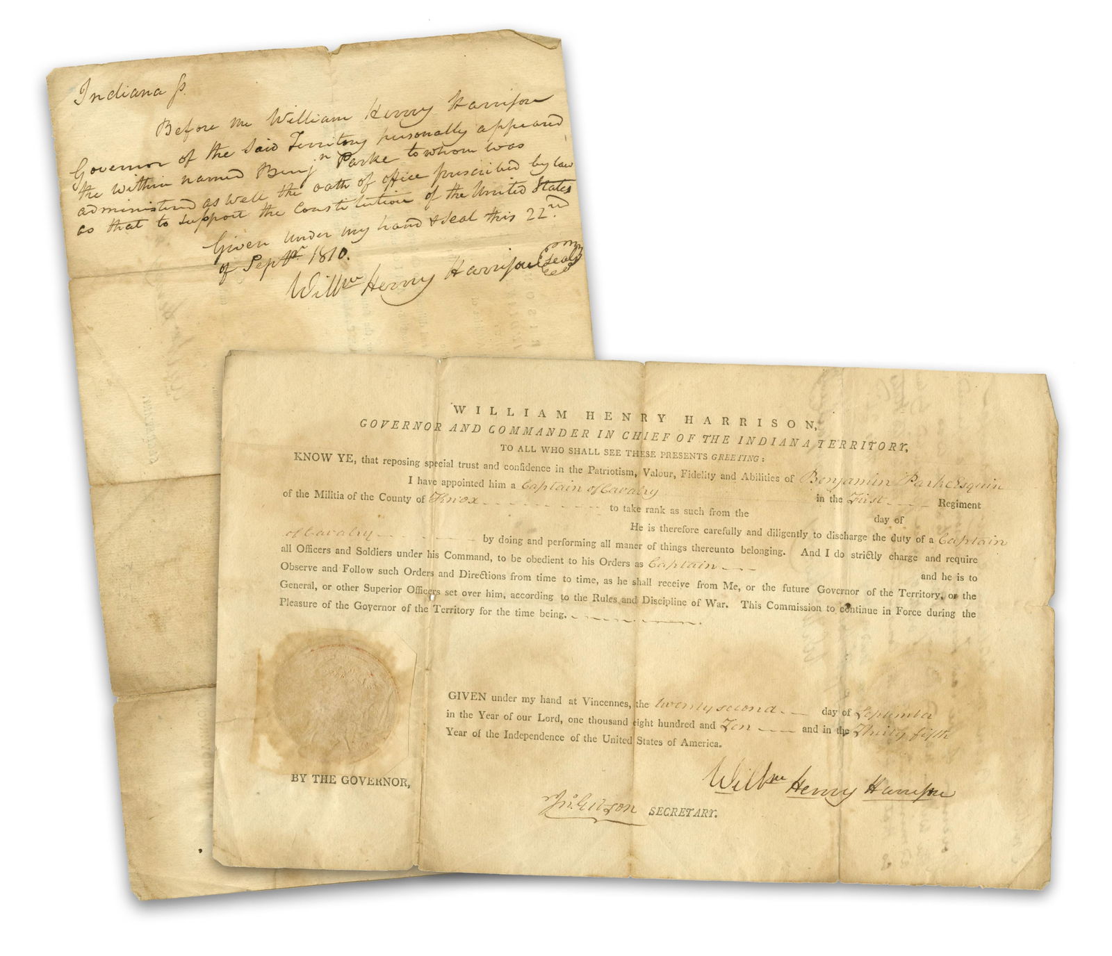 Wm. H. Harrison 3x Signed Commission for Cavalry Captain Who Fought at Tippecanoe: William Henry HarrisonVincennes, IN, September 22, 1810Wm. H. Harrison 3x Signed Commission for Cavalry Captain Who Fought at TippecanoePartially printed DSA partial-printed document signed by William
