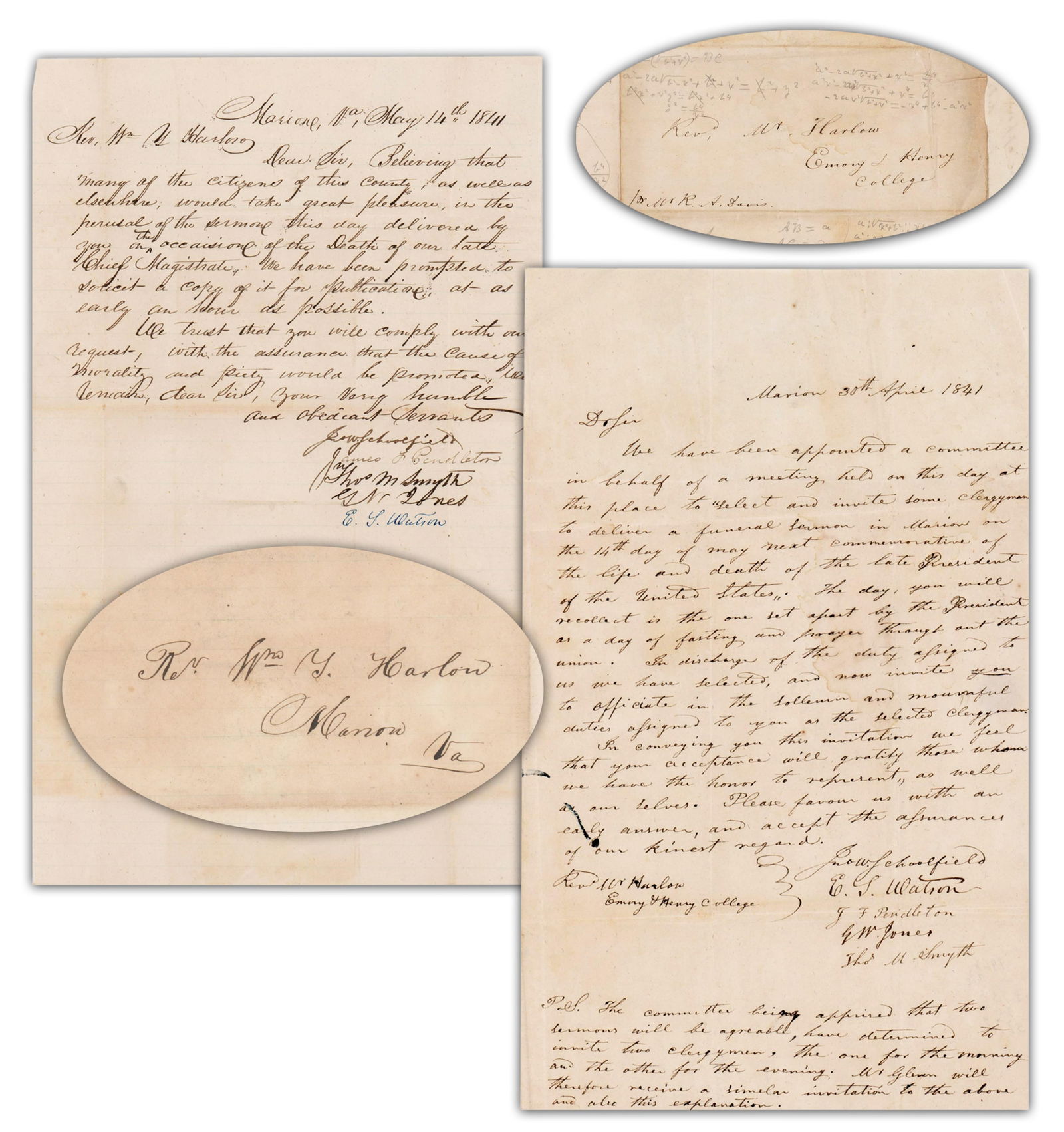 Committee Invites VA Clergyman to Preside at William Henry Harrison’s Memorial Service: William Henry HarrisonMarion, VA, ca. April 30, 1841; May 14, 1841Committee Invites VA Clergyman to Preside at William Henry Harrison’s Memorial ServiceArchive[WILLIAM HENRY HARRISON.] John W. S