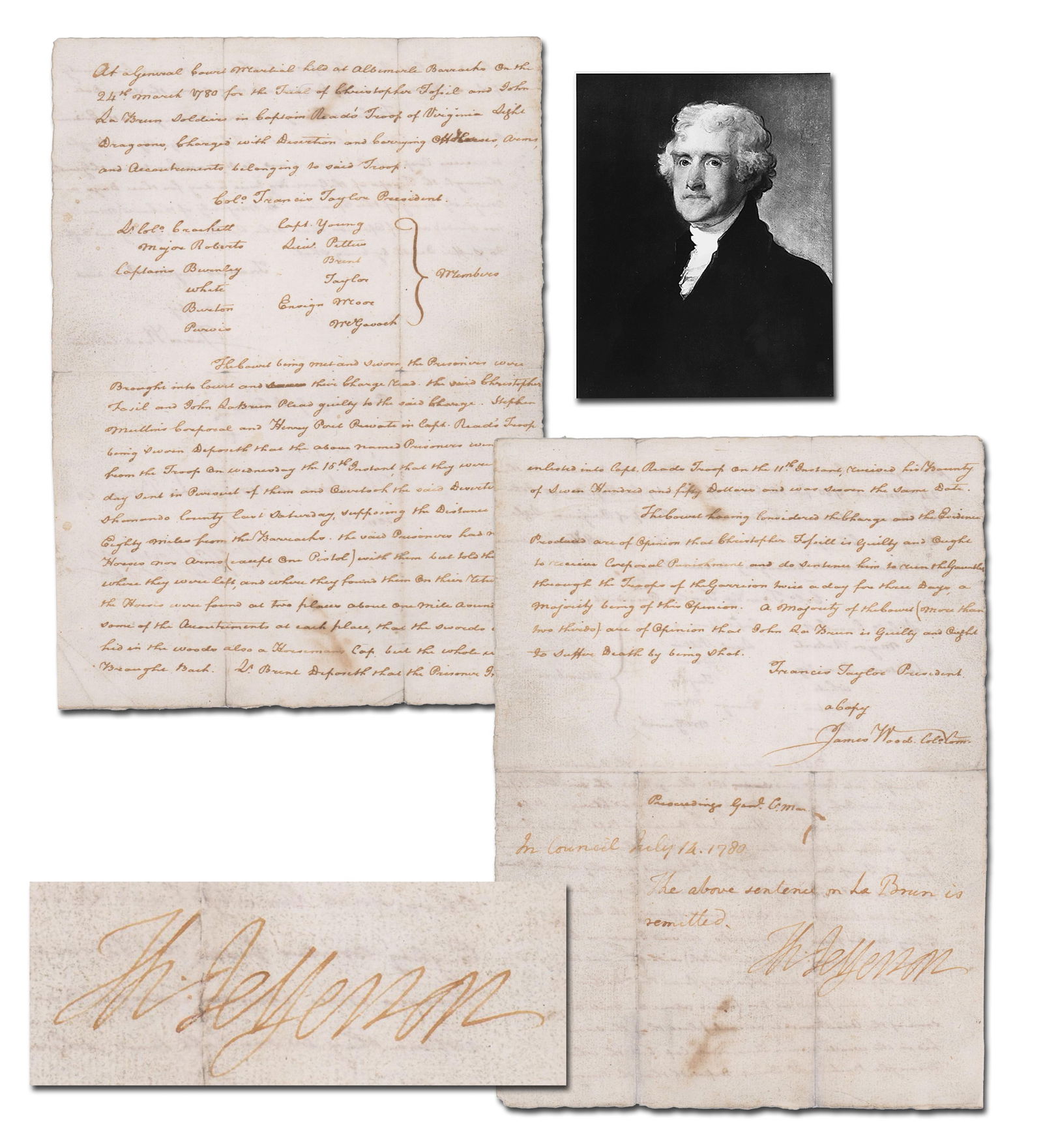 Jefferson Signed "Death by being Shot" Sentence for POW Found Guilty at Court Martial (1 of 4)