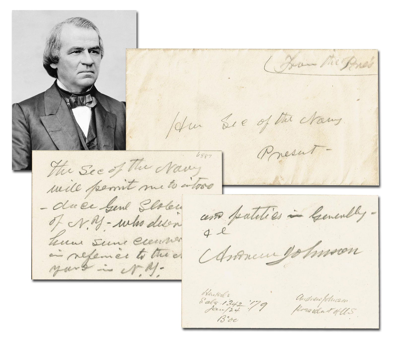Scarce Andrew Johnson ANS with FF Envelope Signed "From the Pres": Andrew Johnsonn.d., ca. 1865-1869Scarce Andrew Johnson ANS with FF Envelope Signed "From the Pres"ANSAndrew Johnson (1808-1875). Autograph Note Signed, "Andrew Johnson," as president, in pencil, on th