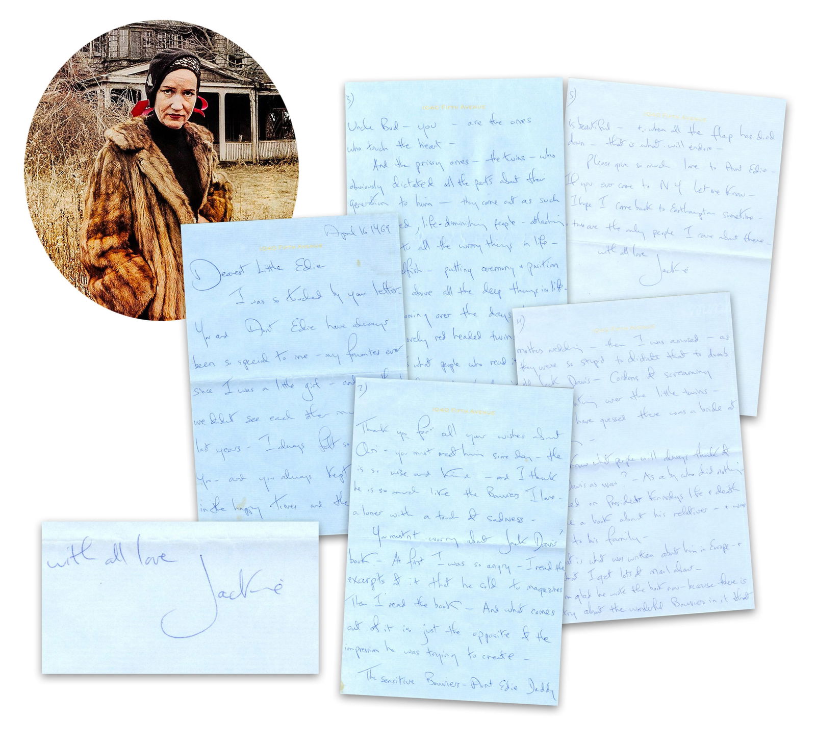 Jacqueline Kennedy 5pp ALS to Cousin Little Edie of "Grey Gardens" Fame, PSA LOA: Jacqueline KennedyNew York, NY, April 16, 1969Jacqueline Kennedy 5pp ALS to Cousin Little Edie of "Grey Gardens" Fame, PSA LOAALSA remarkable letter from former First Lady Jacqueline Kennedy to her co