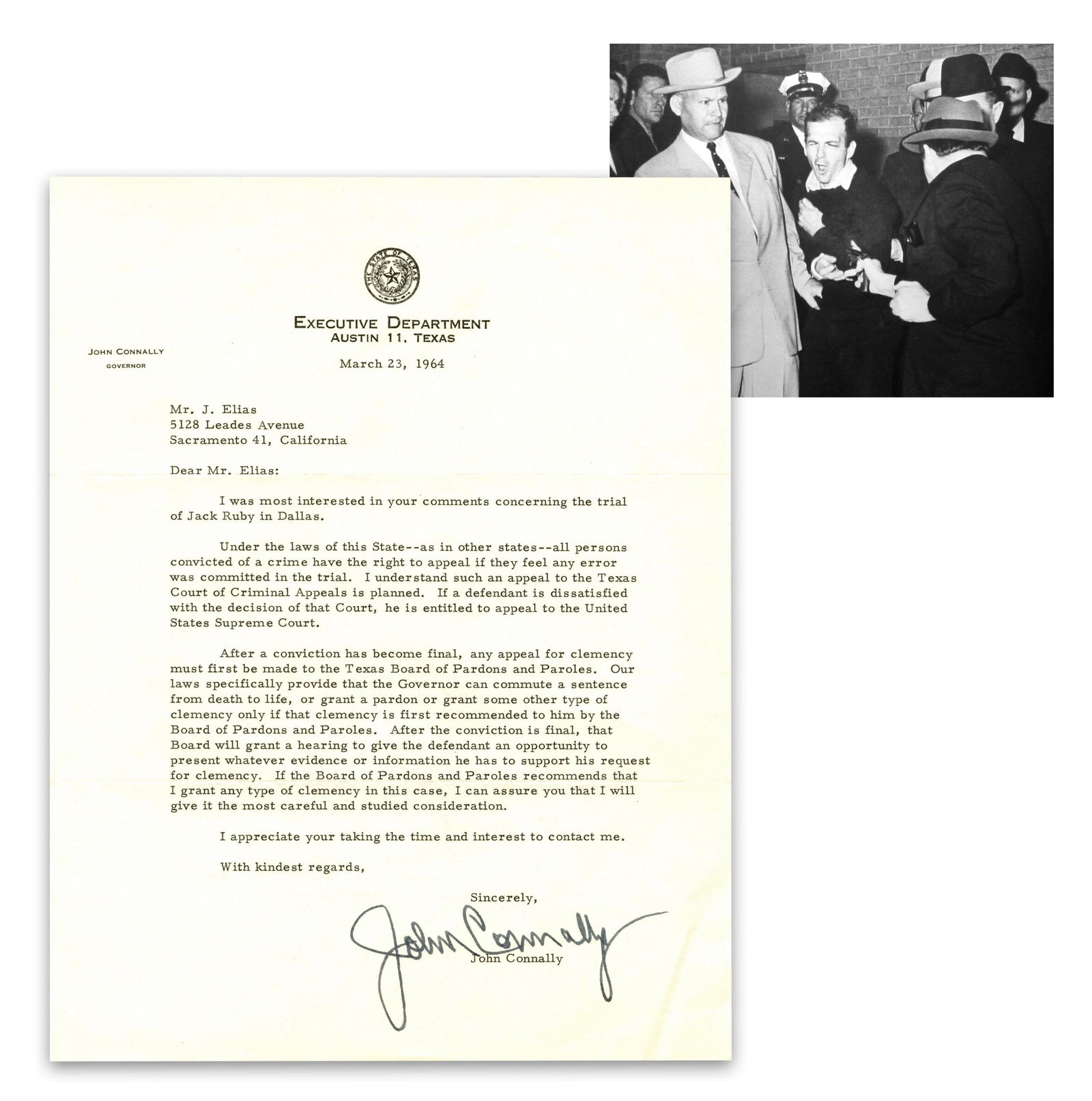 Gov. John Connally Promises to Grant Jack Ruby Trial "careful and studied consideration": John F. Kennedy AssassinationAustin, TX, March 23, 1964Gov. John Connally Promises to Grant Jack Ruby Trial "careful and studied consideration"TLSA historically important typed letter from Texas Gover
