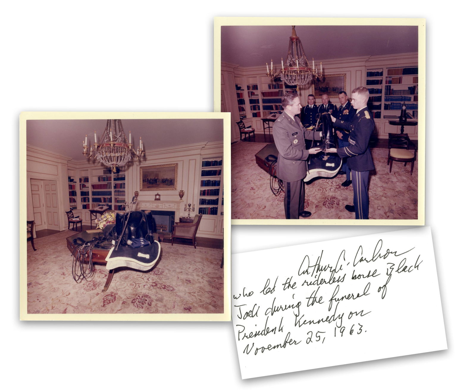 (2) Cecil Stoughton Original Funeral Service Photos Preparing Riderless Horse, Plus Handler's: John F. Kennedy[Washington, DC], November 24-25, 1963(2) Cecil Stoughton Original Funeral Service Photos Preparing Riderless Horse, Plus Handler's Autograph!PhotographA pair of original photographs by