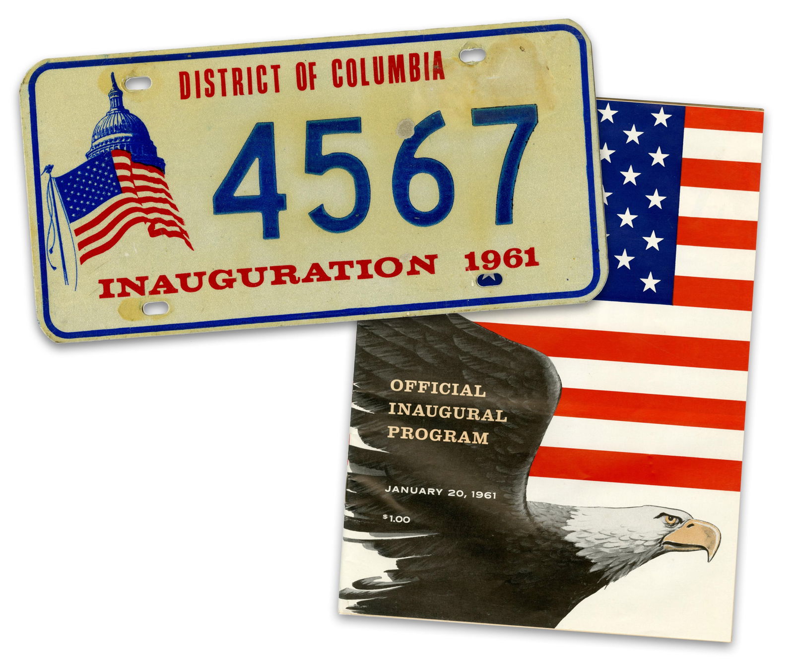JFK Inauguration Lot: Government-Issued License Plate & Official Program: John F. KennedyWashington, DC, January 20, 1961JFK Inauguration Lot: Government-Issued License Plate & Official ProgramRelicA pair of relics from the Kennedy inauguration of January 1961, including an