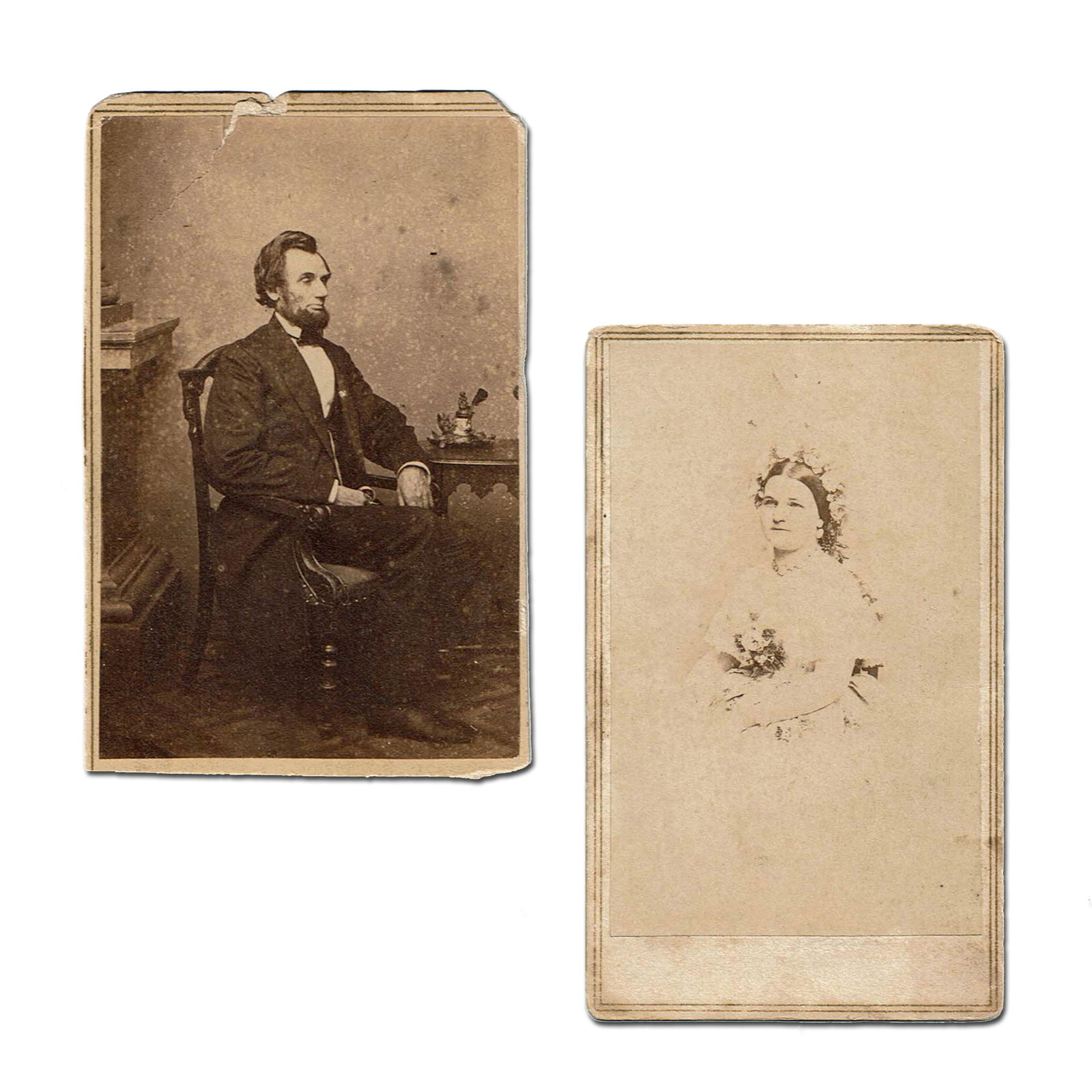 Abe & Mary Lincoln Pair of CDVs from Brady Negatives: Abraham Lincolnn.p., n.d.Abe & Mary Lincoln Pair of CDVs from Brady NegativesCDVsA pair of cartes-de-visite of Abraham and Mary Todd Lincoln.1.) Carte-de-visite of 16th U.S. President Abraham Li