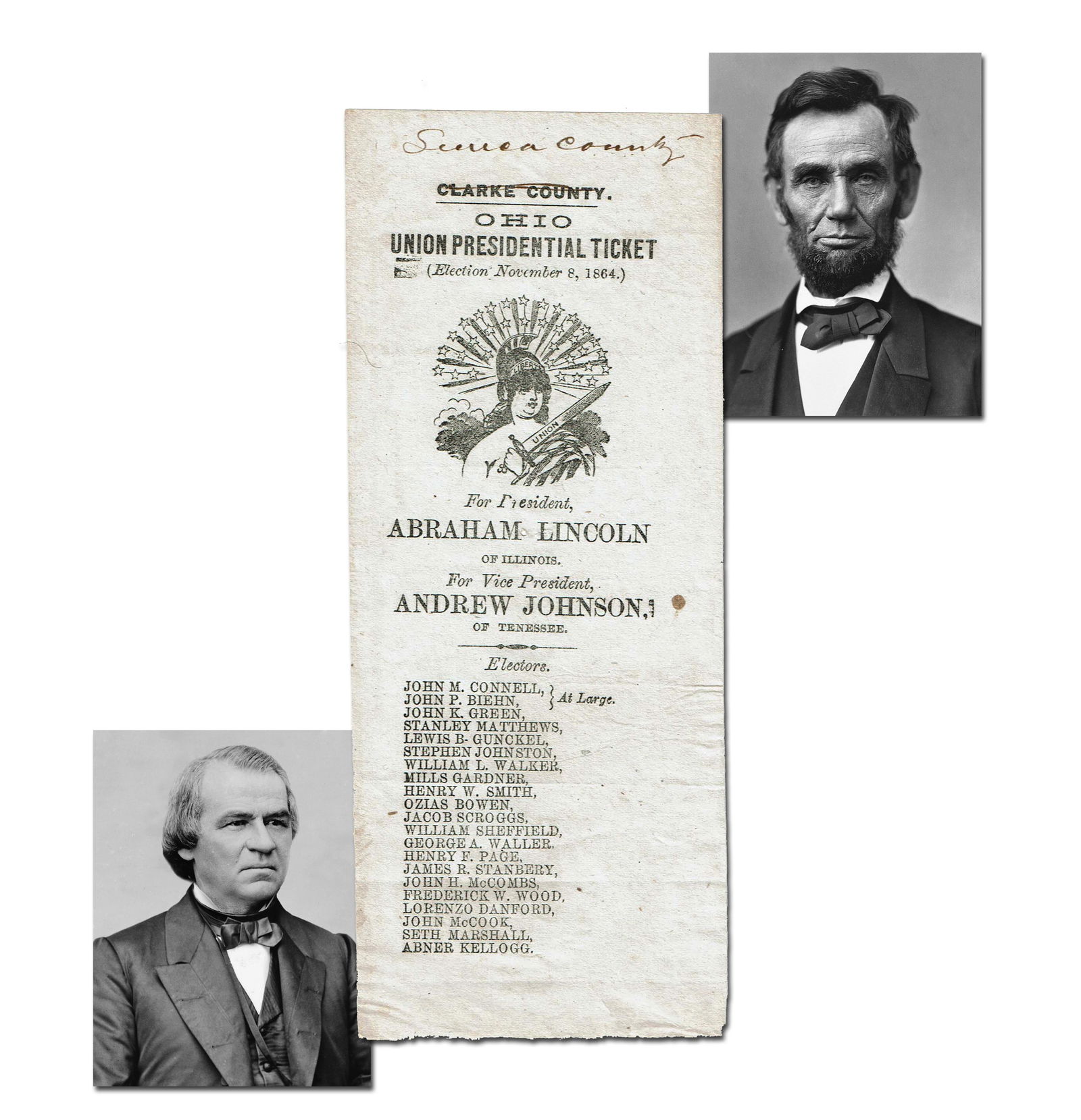 Abraham Lincoln For President In 1864! A Soldier's Used Mail-In Ballot From Ohio: Abraham LincolnSeneca County, OH, ca. November 8, 1864Abraham Lincoln For President In 1864! A Soldier's Used Mail-In Ballot From OhioBroadside[Abraham Lincoln]. Broadside, 1p, 3.25" x 7.75", Seneca C