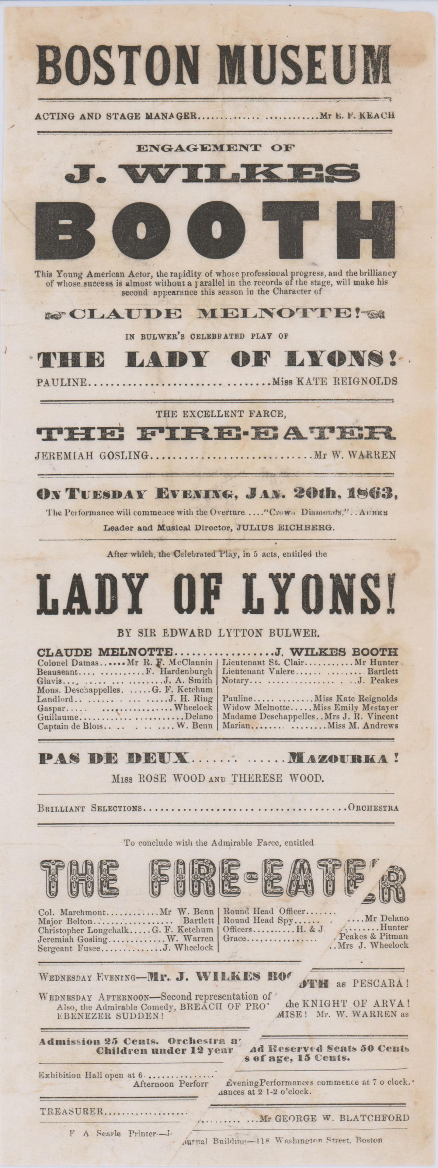 John Wilkes Booth In Bulwer's Celebrated Play of "The Lady of Lyons": John Wilkes BoothBoston, MA, ca. 1863John Wilkes Booth In Bulwer's Celebrated Play of "The Lady of Lyons"DocumentBoston Museum playbill, January 20, 1863, advertising John Wilkes Booth as Claude Melno